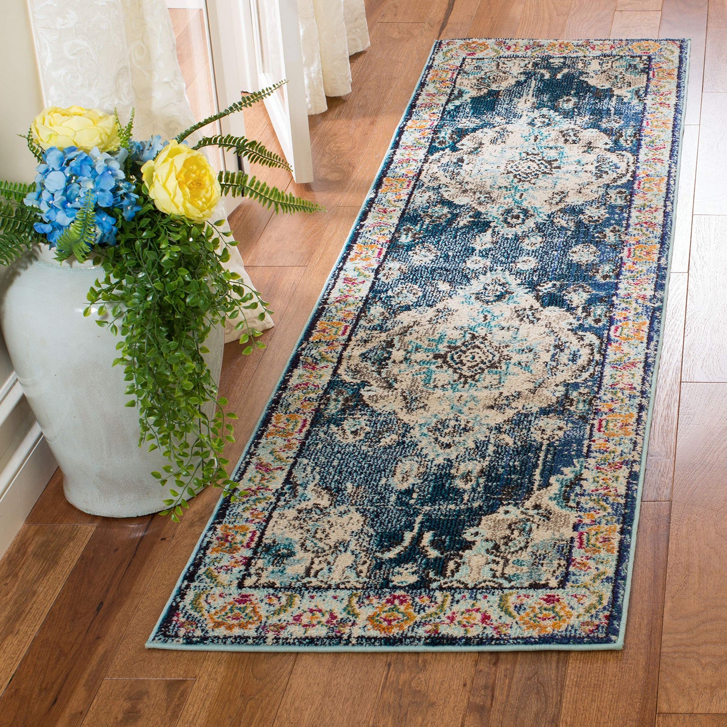SAFAVIEH Monaco Collection Runner Rug - 2'2" x 14', Navy & Light Blue, Non-Shedding & Easy to Clean, Distressed Medallion Design, Ideal for Hallway, Foyer, Entryway, Kitchen, Bedroom (MNC243N)