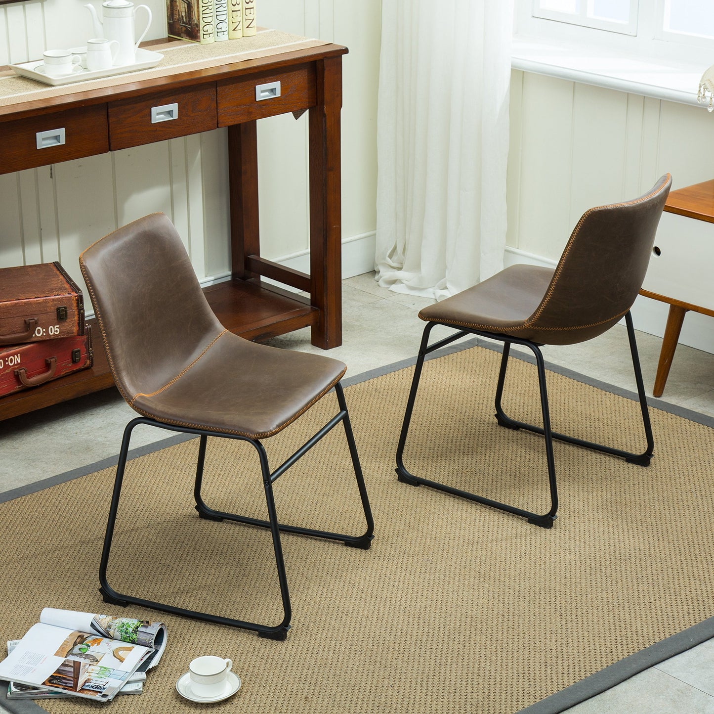 Roundhill Furniture Lotusville Vintage PU Leather Dining Chairs, Set of 2, Antique Brown
