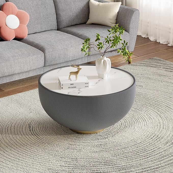 Round Marble Coffee Table 27.56" Bucket Shaped Fluted Coffee Table