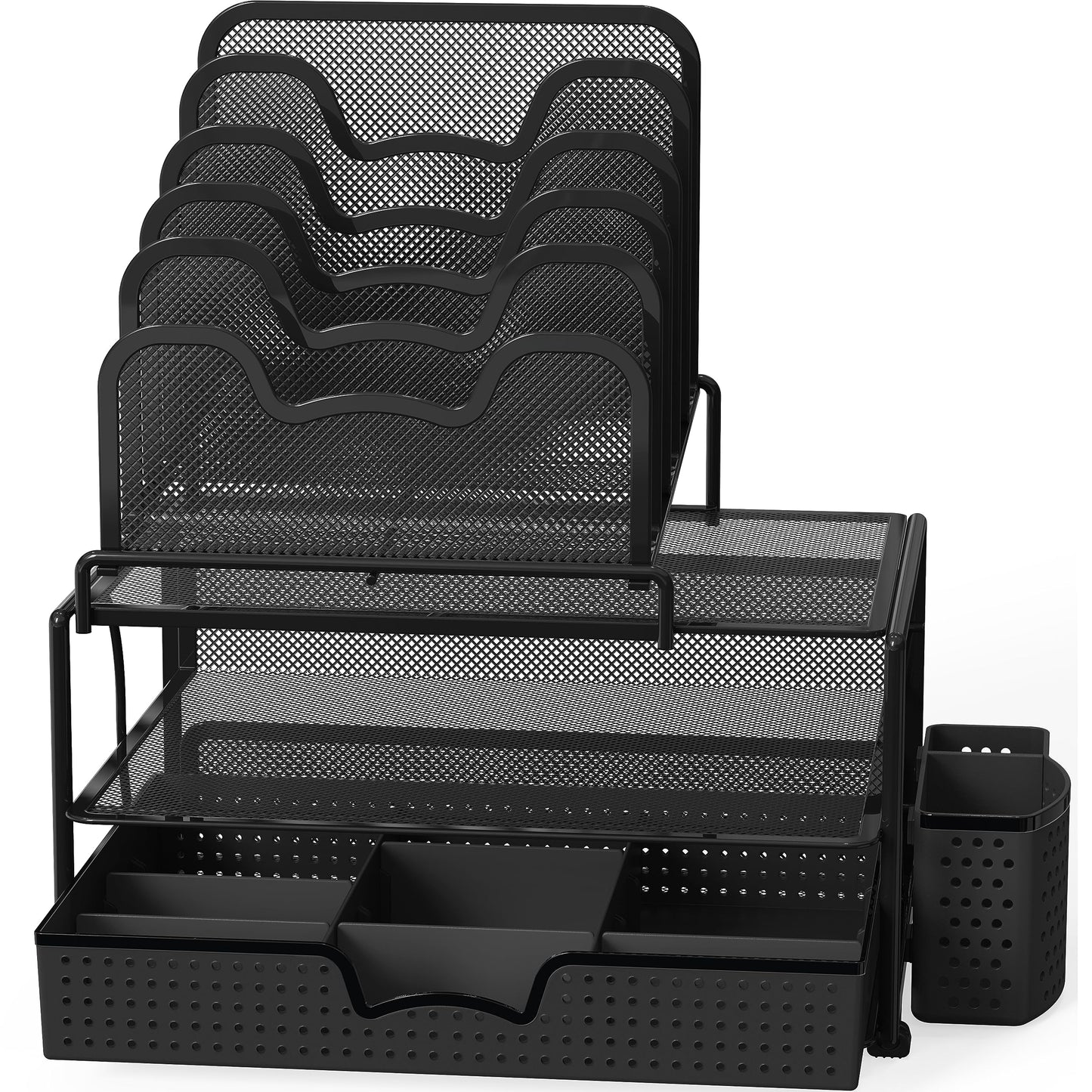 Simple Houseware Mesh Desk Organizer with Sliding Drawer, Double Tray and 5 Stacking Sorter Sections, Black