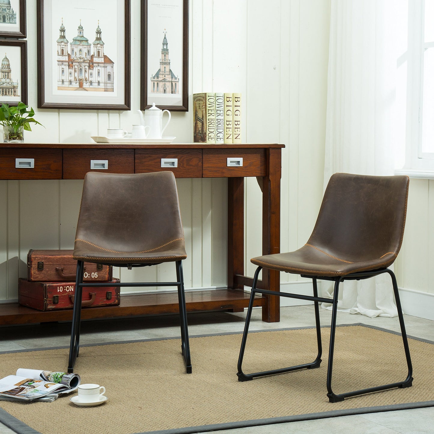 Roundhill Furniture Lotusville Vintage PU Leather Dining Chairs, Set of 2, Antique Brown