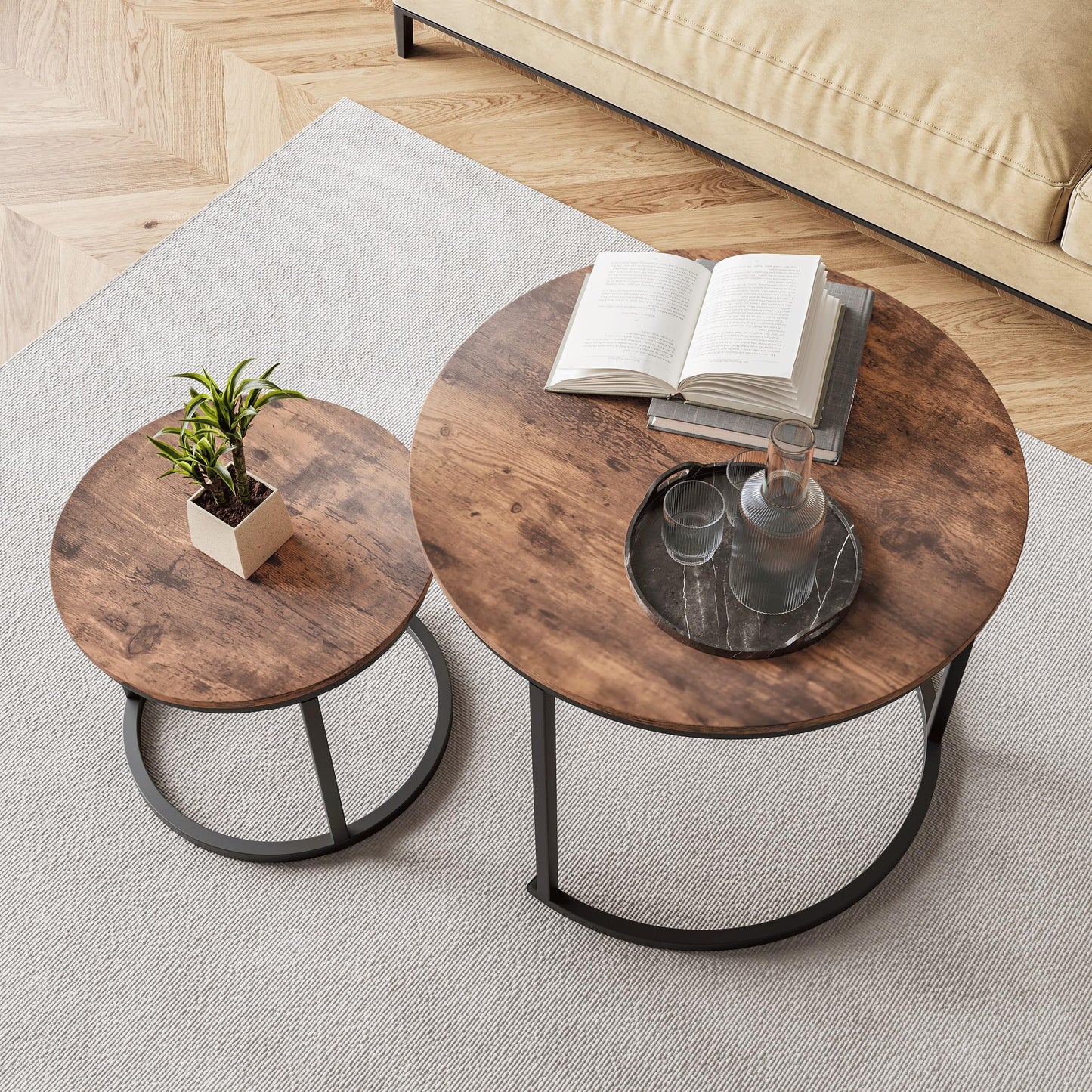 HOJINLINERO Small Round Nesting Coffee Table Set of 2 with Metal Frame and Wood Top, Modern Stacking Side Table for Living Room, Bedroom, Office, Brown