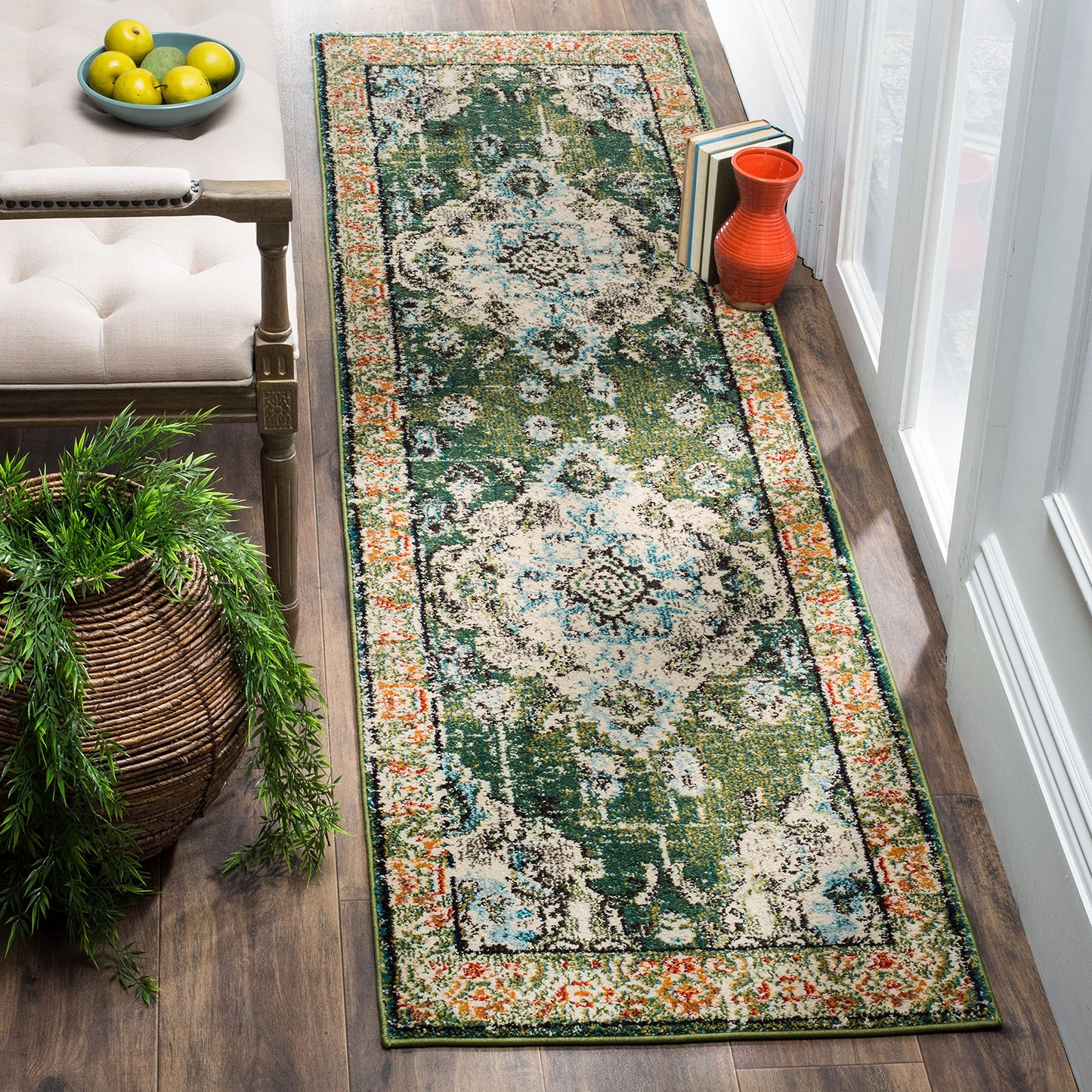 SAFAVIEH Monaco Collection Runner Rug - 2'2" x 14', Forest Green & Light Blue, Non-Shedding & Easy to Clean, Distressed Medallion Design, Ideal for Hallway, Foyer, Entryway, Kitchen, Bedroom (MNC243F)