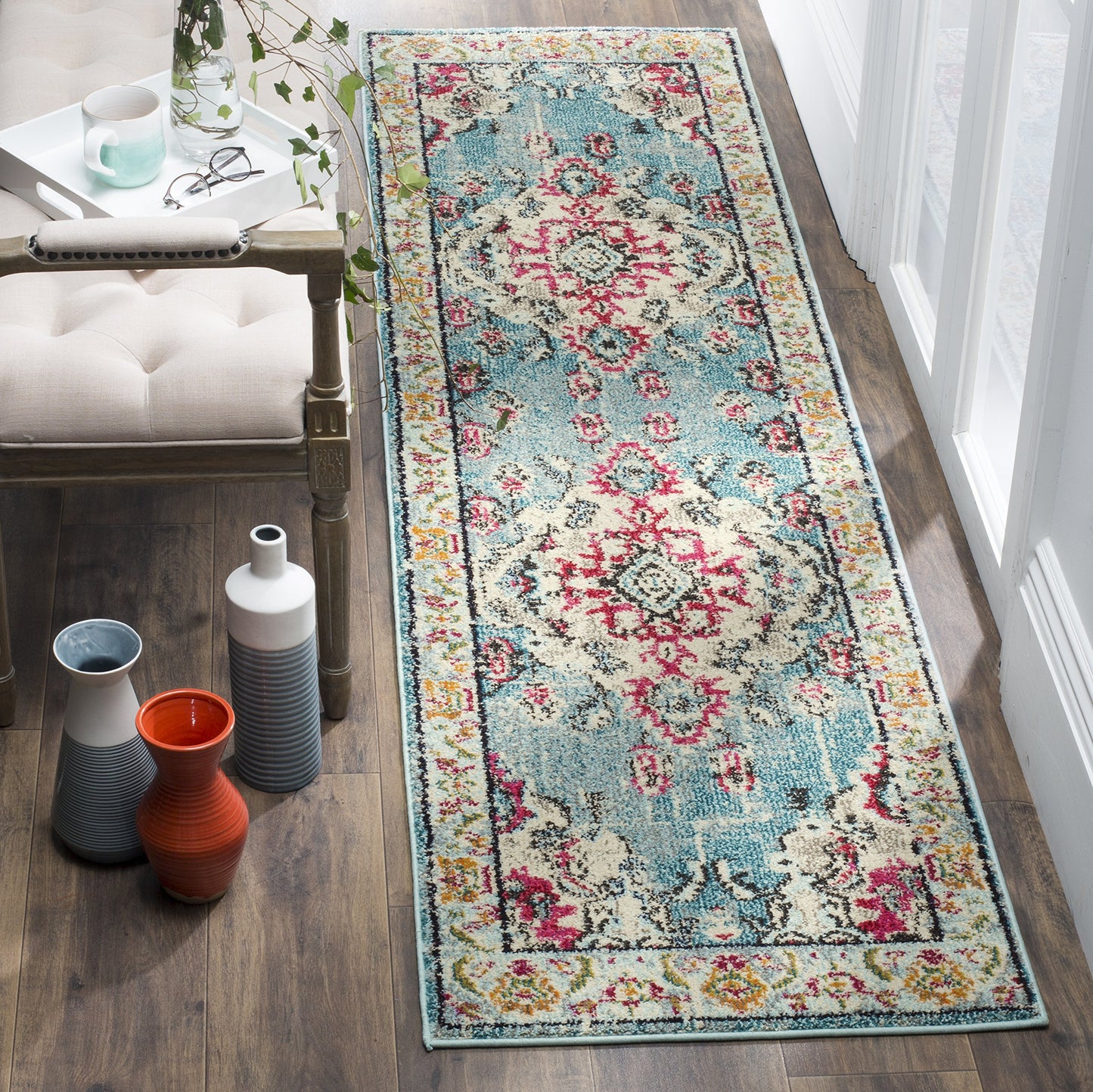 SAFAVIEH Monaco Collection Runner Rug - 2'2" x 14', Light Blue & Fuchsia, Non-Shedding & Easy to Clean, Distressed Medallion Design, Ideal for Hallway, Foyer, Entryway, Kitchen, Bedroom (MNC243J)