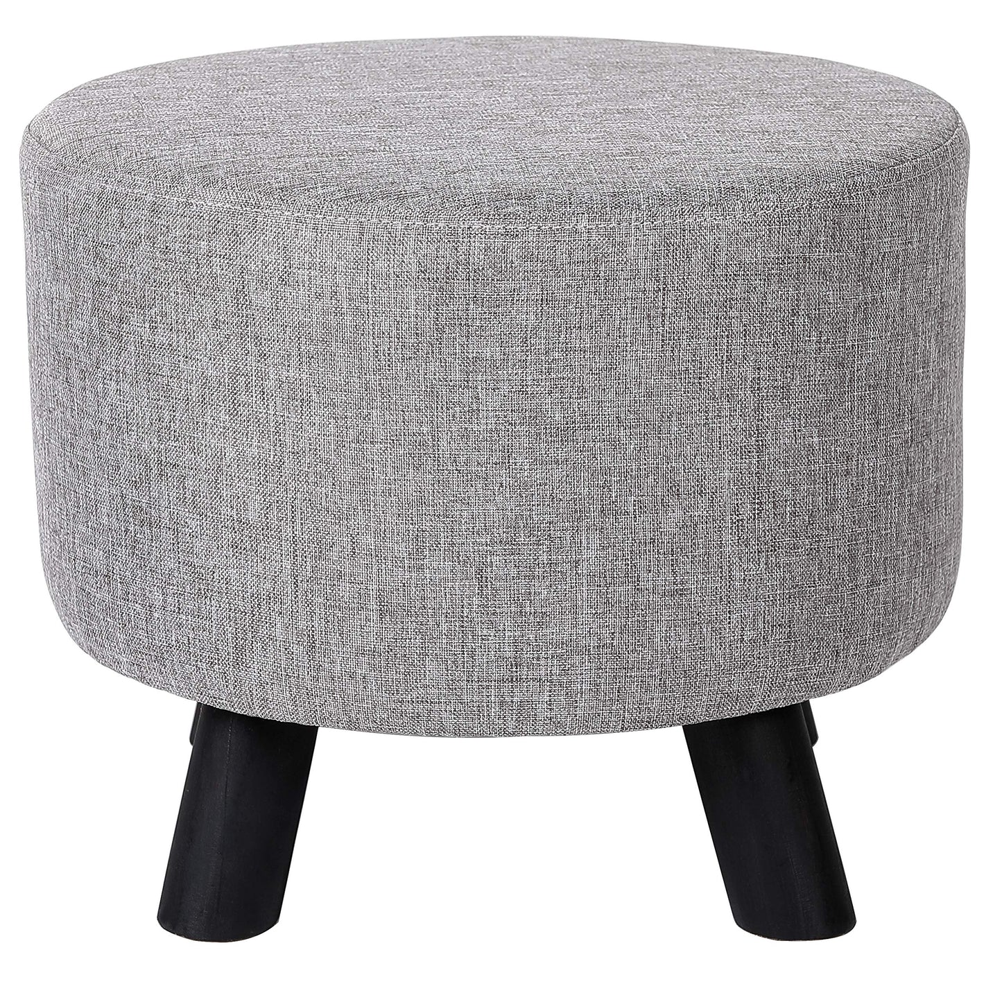 BIRDROCK HOME Grey Linen Foot Stool Ottoman – Soft Compact Round Padded Seat – Living Room and Bedroom – Black Wood Legs Upholstered Decorative Furniture Rest – Vanity Seat