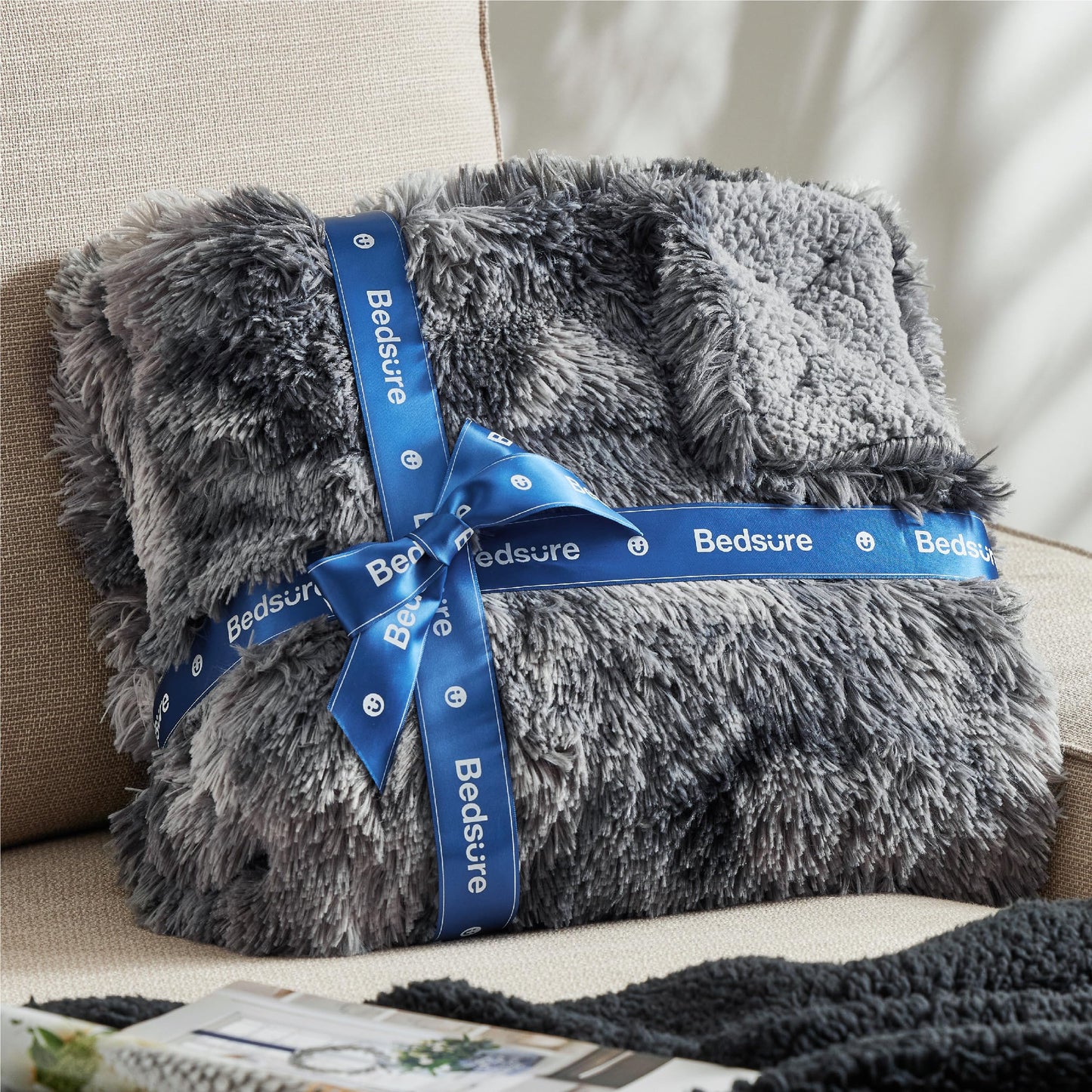 Bedsure GentleSoft Fluffy Sherpa Fleece Faux Fur Blankets Queen Size for Bed, Bedroom Decor Winter Bedding Thick Warm Full Queen Blankets, Fuzzy Plush Soft Heavy Mink Cozy Gifts, Tie Dye Grey, 90x90