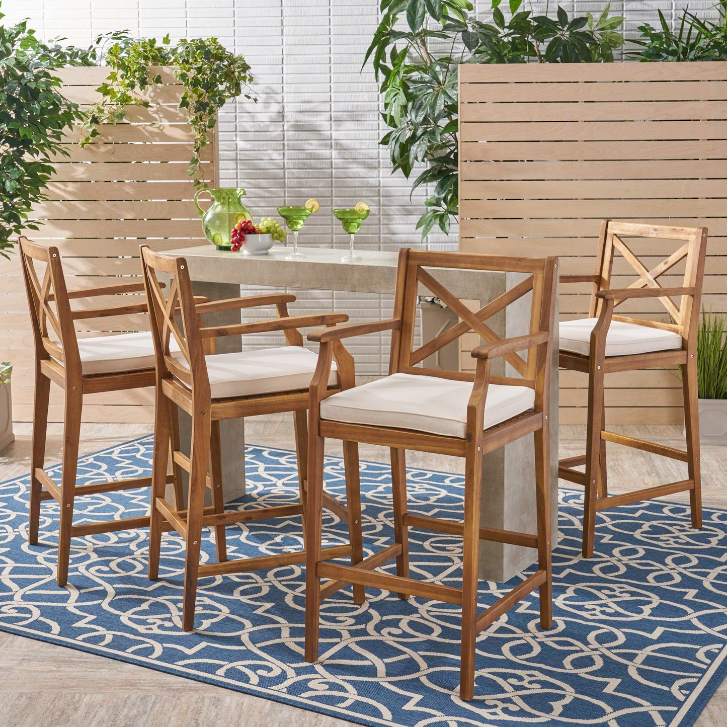 Christopher Knight Home Short Outdoor Acacia Wood Barstools, Teak Finish and Cream (Set of 4)