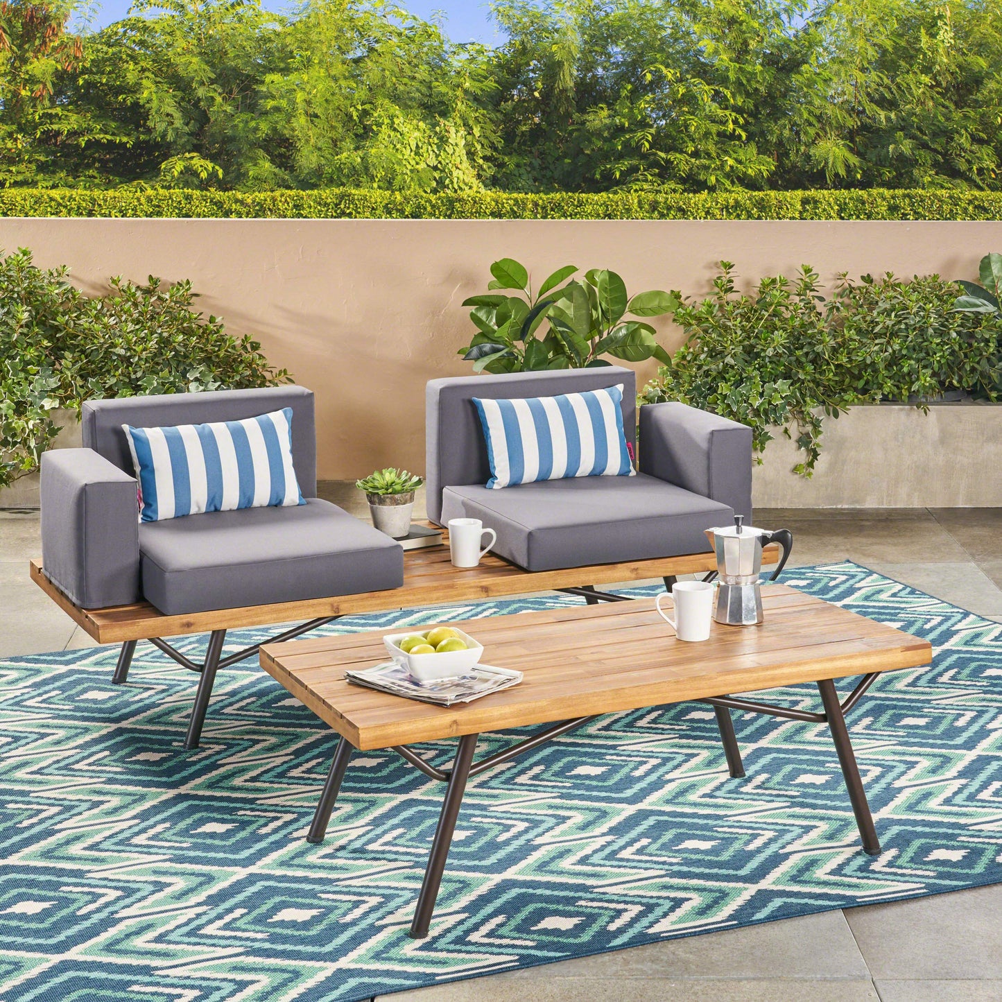Christopher Knight Home Nora Outdoor Acacia Wood Chat Set, Teak Finish and Dark Gray