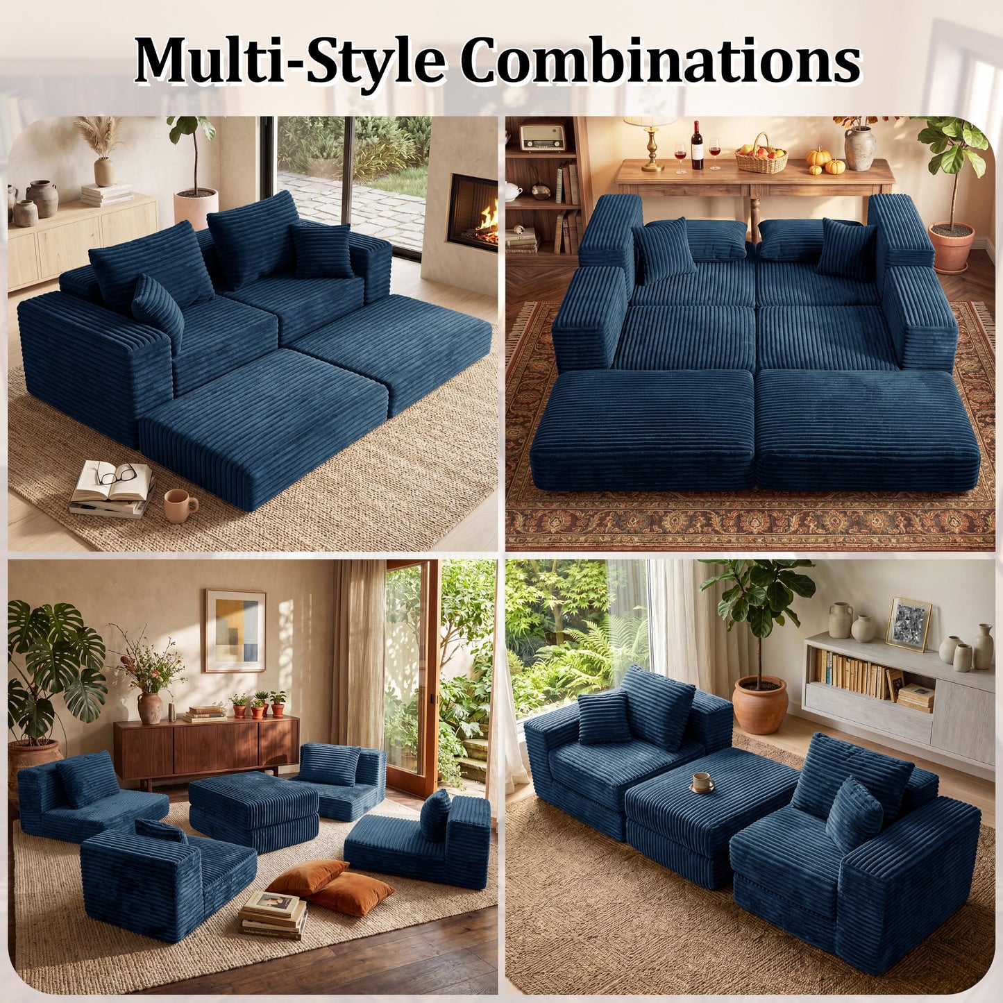 75'' L-Shaped Cloud Modular Sectional Couch with Chaise, Modern Corduroy Memory Foam Sofa Bed, Upholstered Boneless Deep Seat Fluffy Sleeper Sofa, for Living Room, No Assembly Needed (Blue)