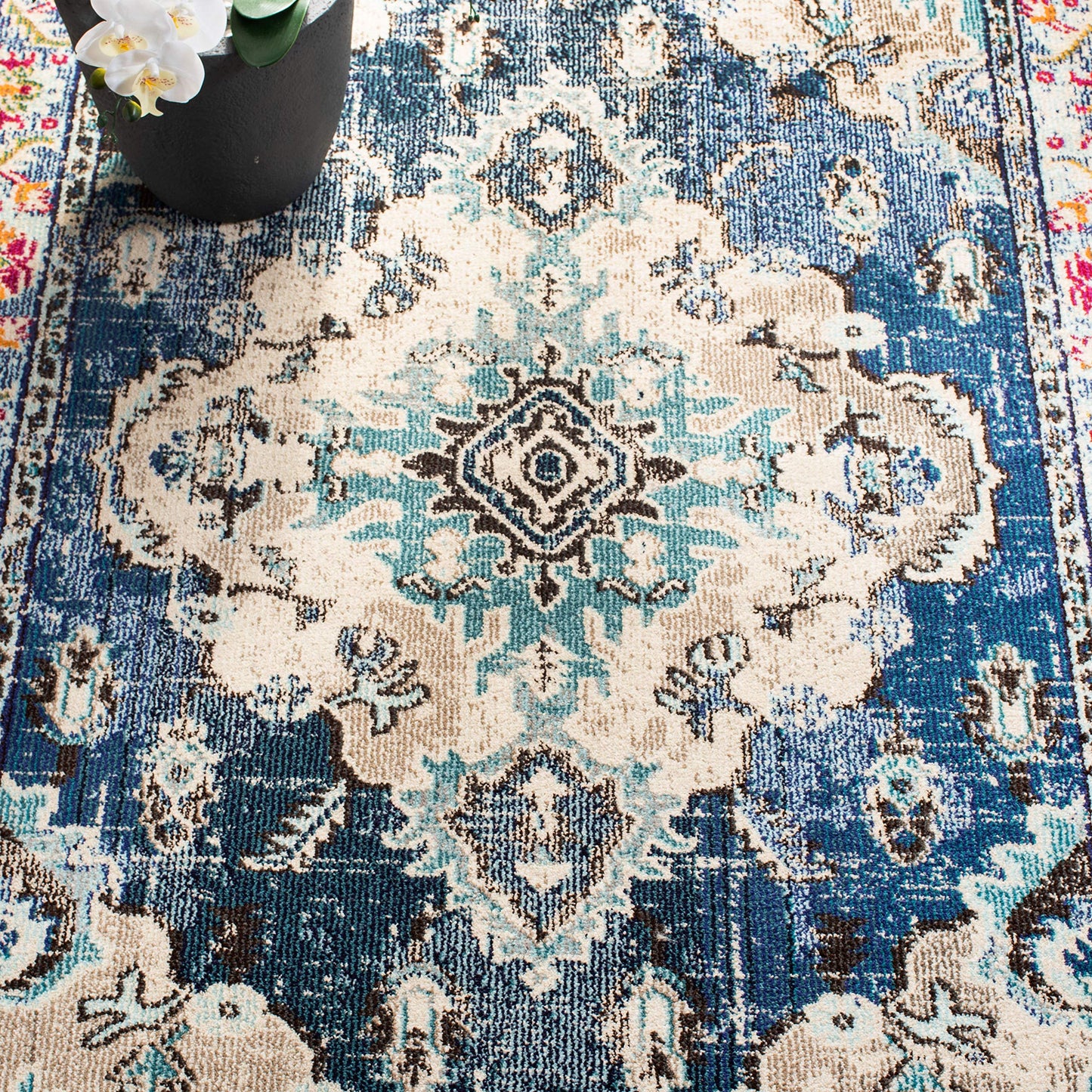 SAFAVIEH Monaco Collection Runner Rug - 2'2" x 14', Navy & Light Blue, Non-Shedding & Easy to Clean, Distressed Medallion Design, Ideal for Hallway, Foyer, Entryway, Kitchen, Bedroom (MNC243N)