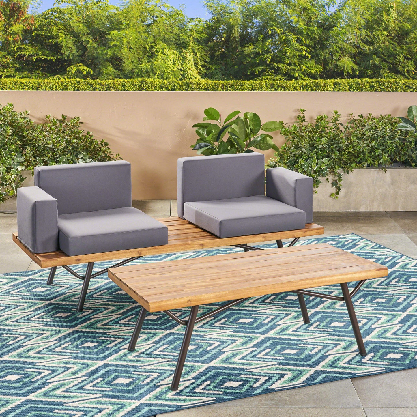 Christopher Knight Home Nora Outdoor Acacia Wood Chat Set, Teak Finish and Dark Gray
