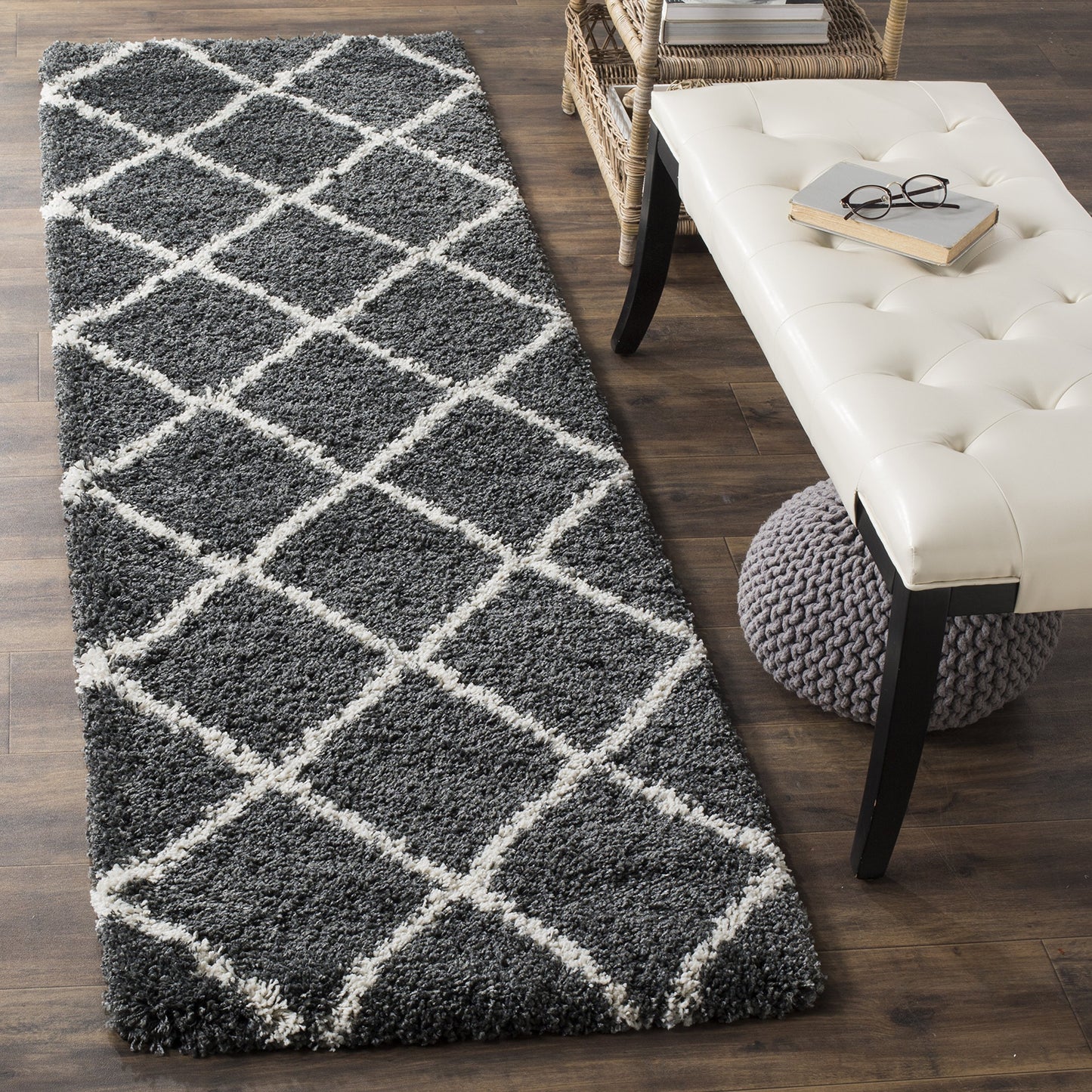 SAFAVIEH Hudson Shag Collection Runner Rug - 2'3" x 6', Dark Grey & Ivory, Modern Trellis Design, Non-Shedding & Easy Care, 2-inch Thick Ideal for High Traffic Areas in Living Room, Bedroom (SGH281G)