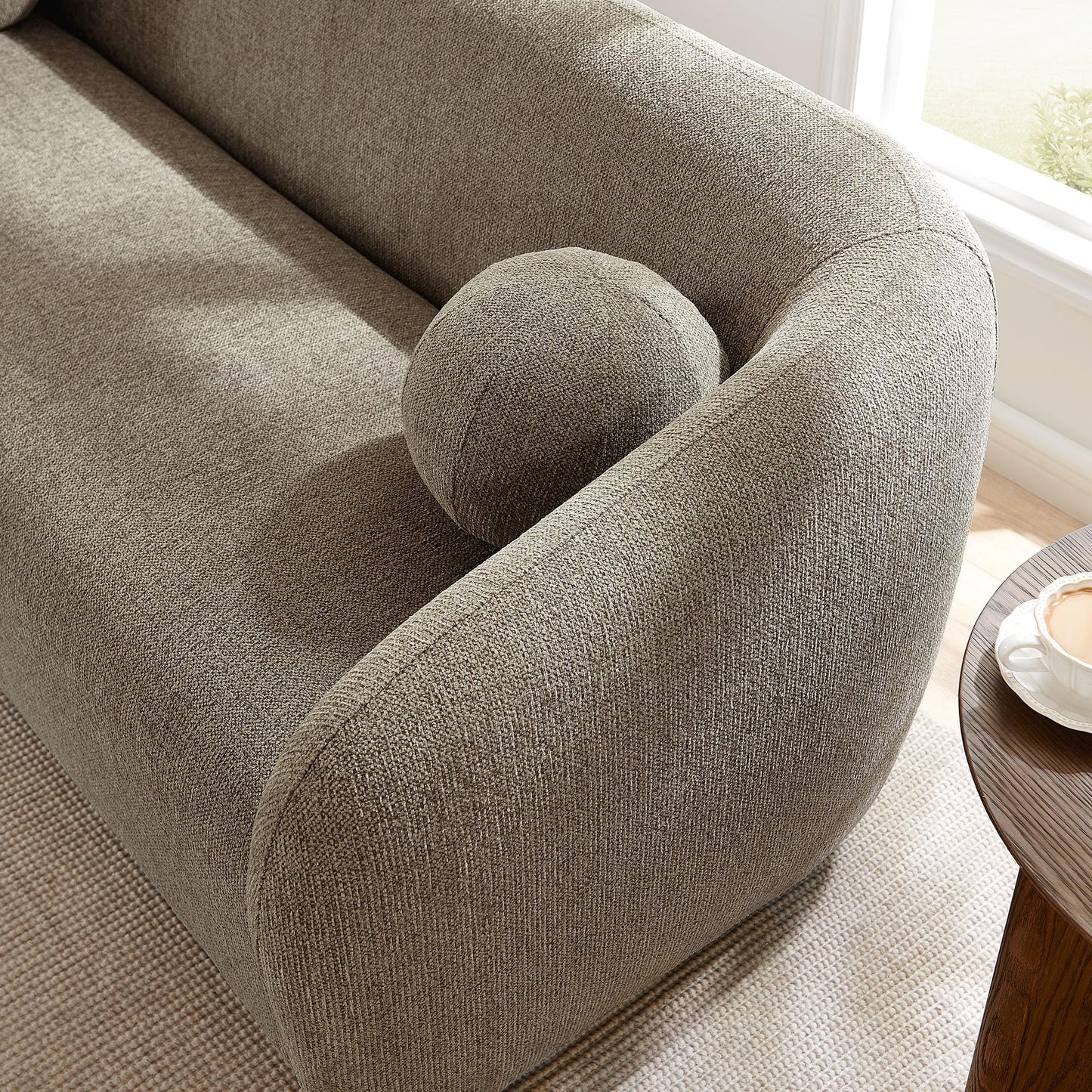 Modway Holland 85 Inch Minimalist Curved Back Sofa in Taupe – Chenille Fabric Sofa with Ball Throw Pillows and Wood Feet – Modern 3-Seater Couch for Living Room