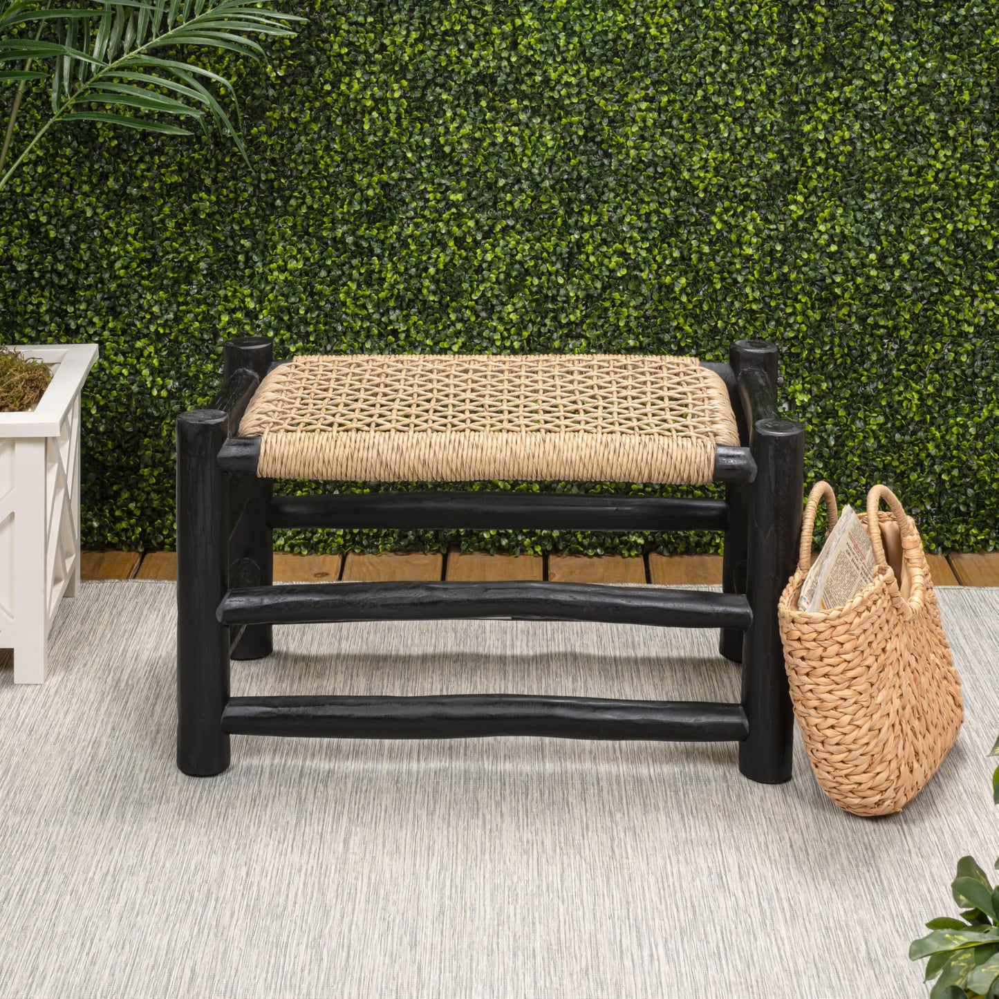 JONATHAN Y Chuck Bohemian Teak Wood Indoor Outdoor Accent Stool, 28" Handcrafted Backless Bench with Woven Synthetic Rattan Seat, Black Finish for Patio, Living Room, or Entryway STL3001B