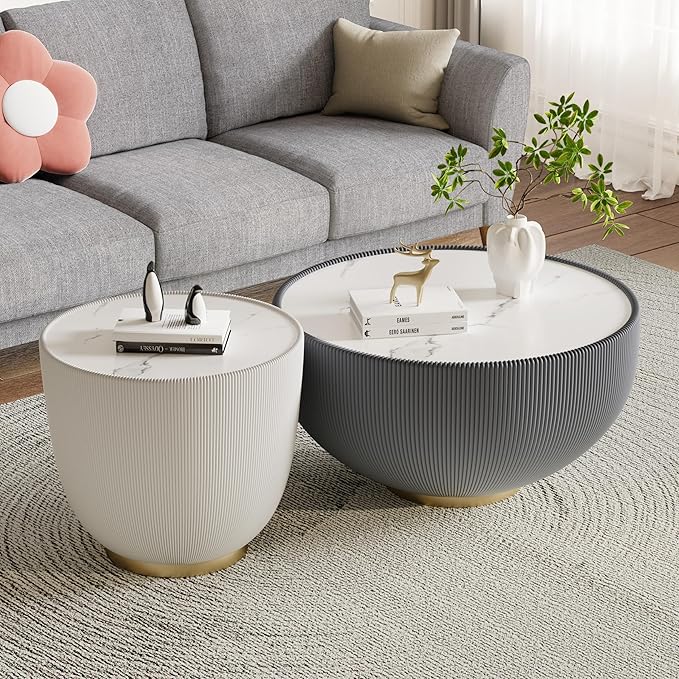 SSLine Bowl-Shape Coffee Table Set of 2 Modern Sintered Stone Top Nesting