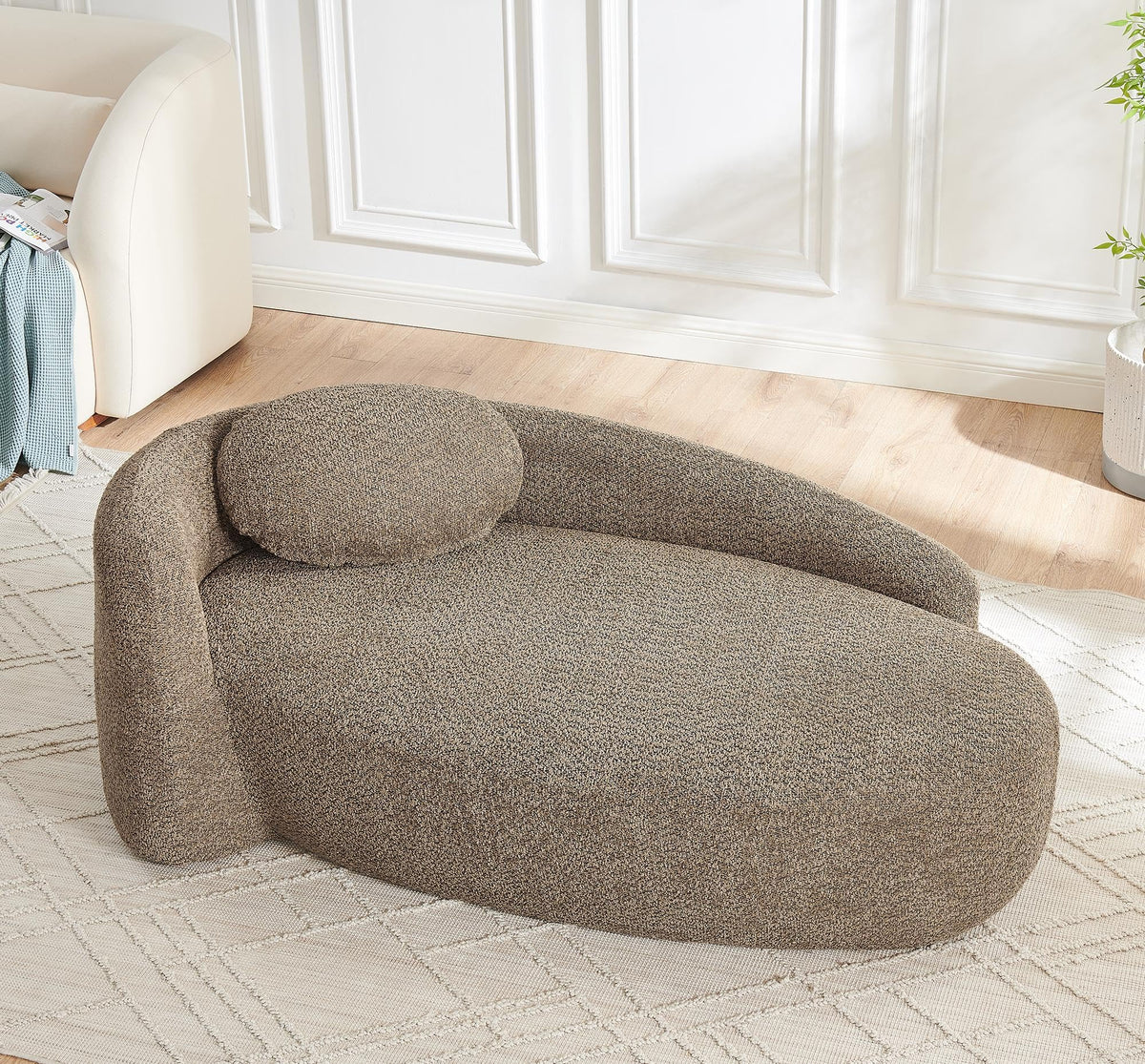 KEIKI 67" L Boucle Chaise Lounge Sofa Chair Indoor with Backrest, Armrest & Pillow, Oval Upholstered Single Lounger Sleeper Chair, Modern Reading Lazy Cloud Sofa Bed Recliner for Living Room Bedroom