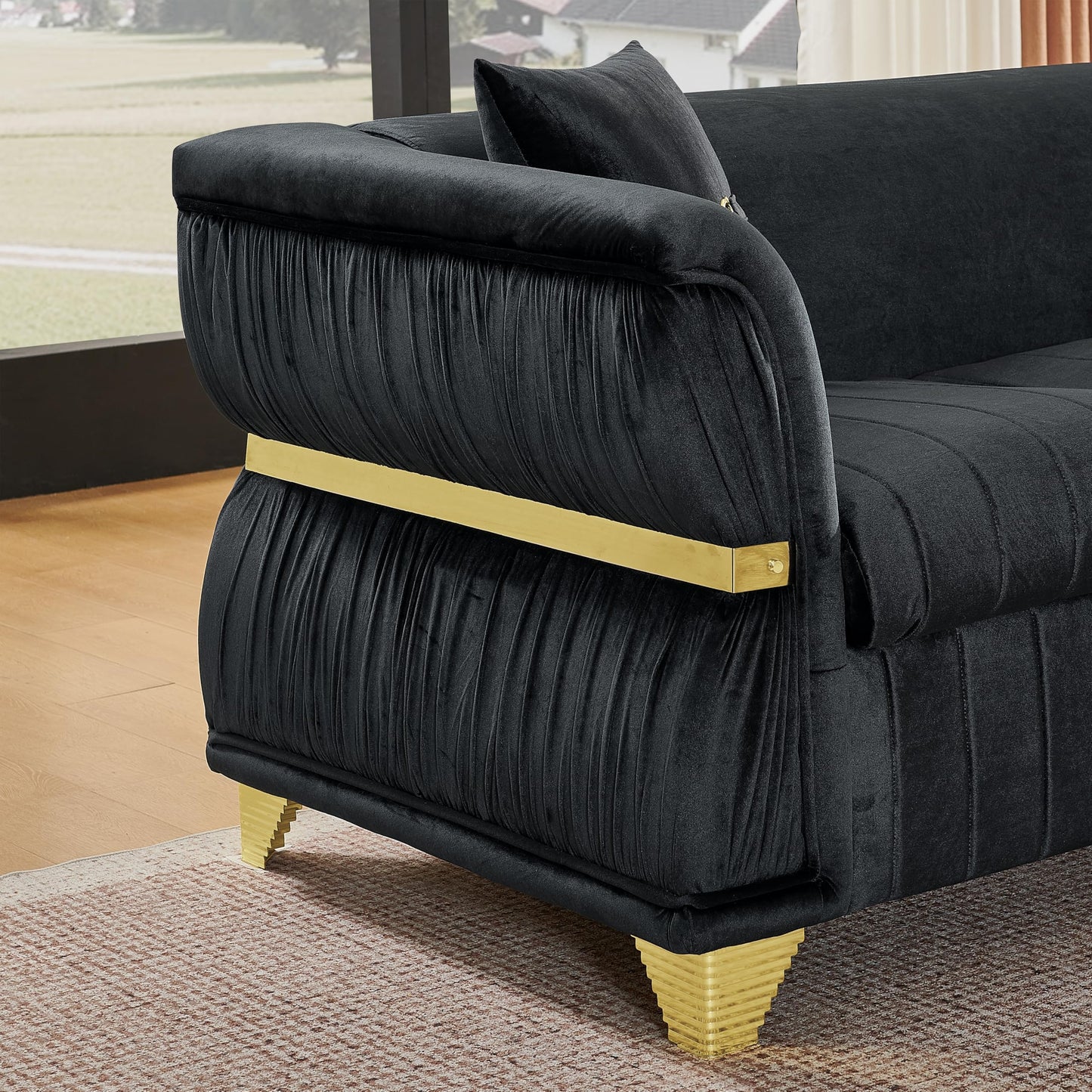 KEIKI 2-Piece Luxury Chesterfield Sofa Set with 1 Velvet 3-Seater Sofa & 1 Loveseat Sofa, Modern Style 5-Seater Couch Set with 4 Pillow & Rolled Arms & Tapered Gold-Tone Legs, for Living Room, Black