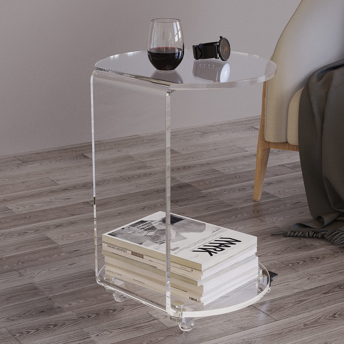 C-Shaped Round Acrylic Side Sofa Table on Wheels,Clear Rolling Decoration Table for Living Room or Bedroom