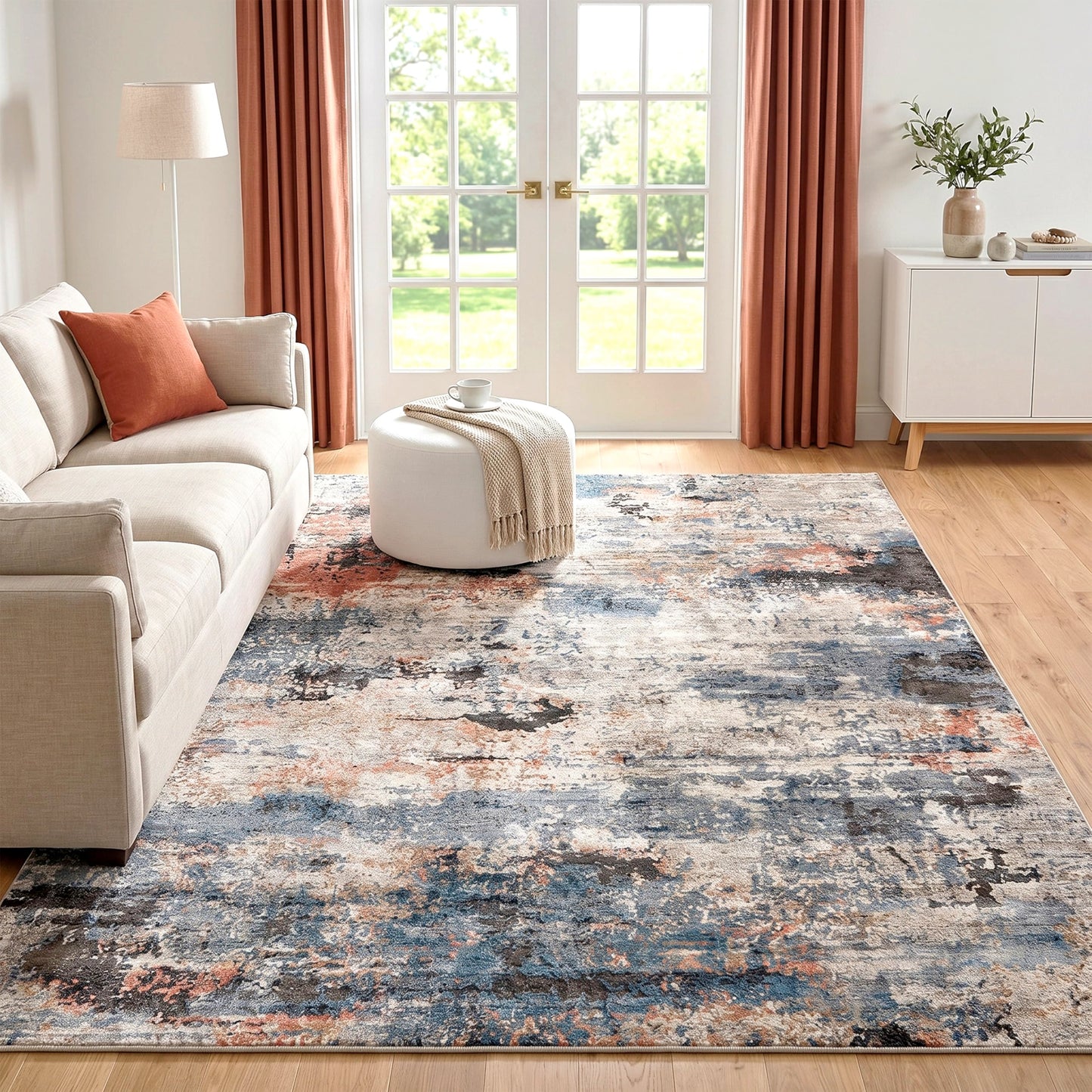Cnythlis Low Pile Area Rug for Home Office Under Desk, Washable Abstract Carpet Robot Vacuum Compatible 0.3 Inch Cotton-Backed Non-Slip Silicone Grip Dining Room Mat, Terracotta Blue, 5'x7'