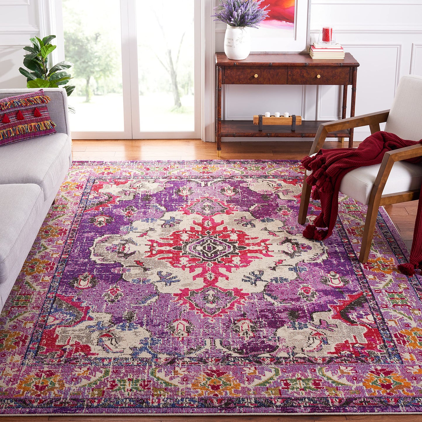 SAFAVIEH Monaco Collection Area Rug - 2'2" x 4', Violet & Fuchsia, Non-Shedding & Easy to Clean, Distressed Medallion Design, Ideal for Front Door, Kitchen, Entryway, Accent Space (MNC243P)