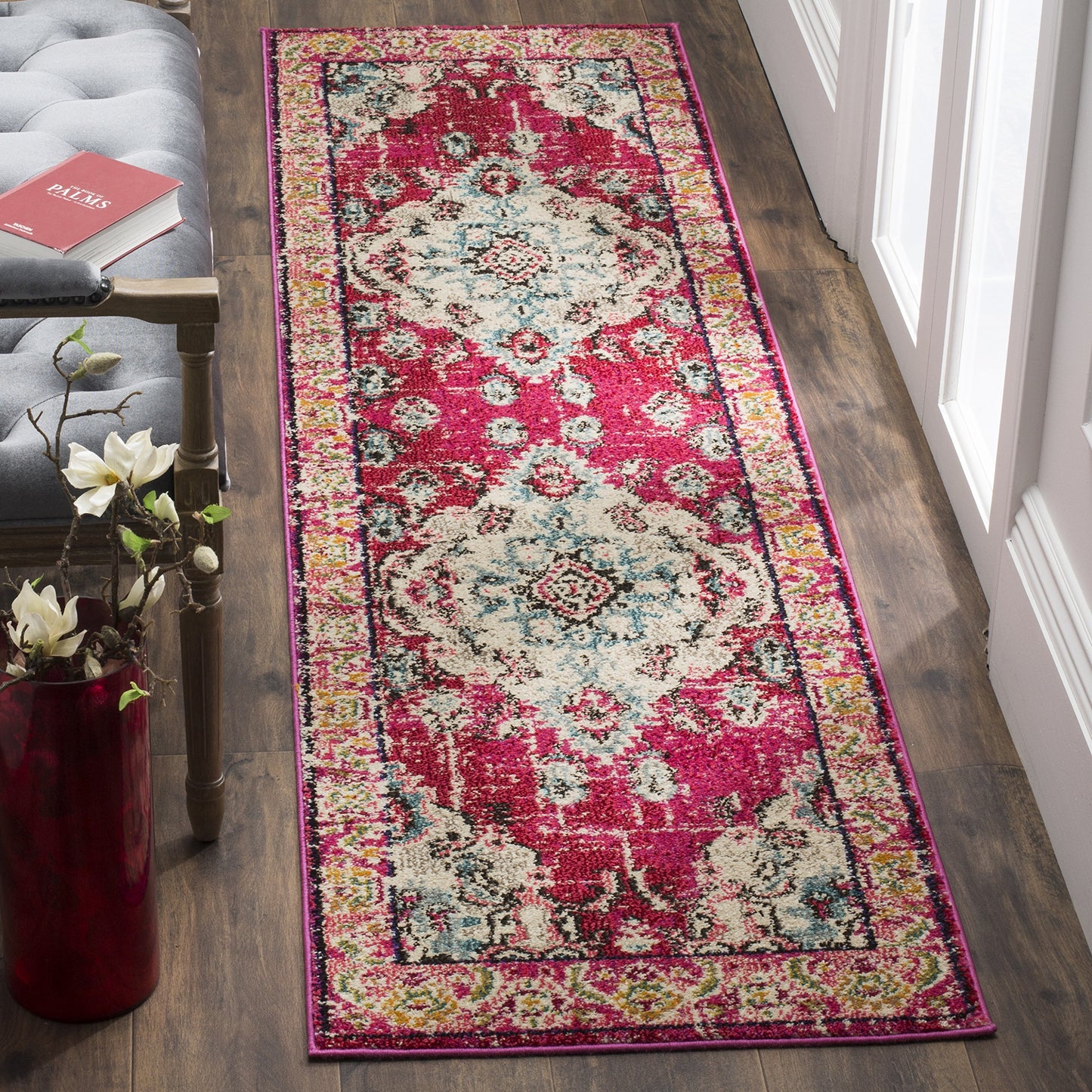 SAFAVIEH Monaco Collection Runner Rug - 2'2" x 14', Pink & Multi, Non-Shedding & Easy to Clean, Distressed Medallion Design, Ideal for Hallway, Foyer, Entryway, Kitchen, Bedroom (MNC243D)