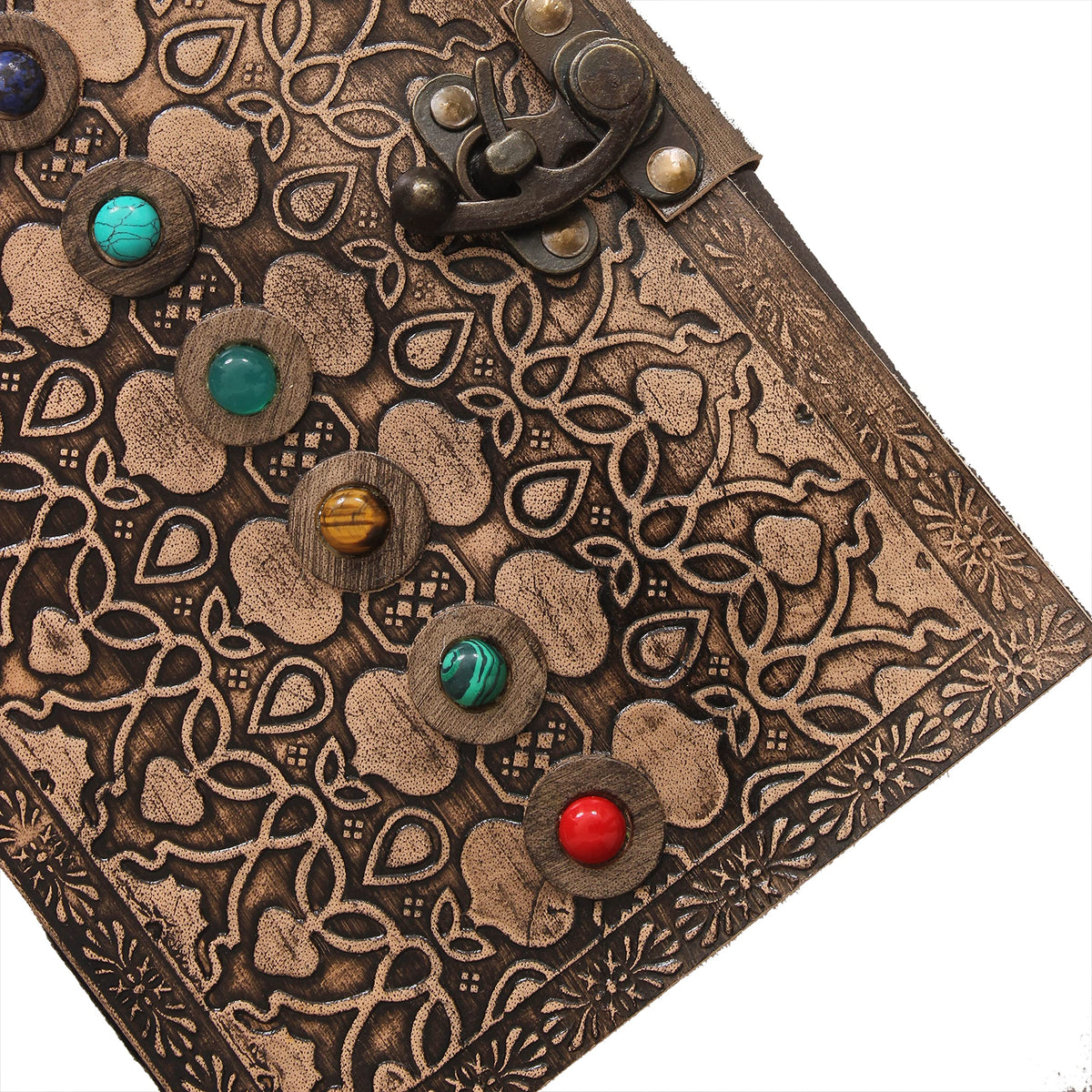 AzureGreen Leather Book of Shadows Journal, Supernatural Notebook with Chakra Gem Stones Healing Crystals and Latch