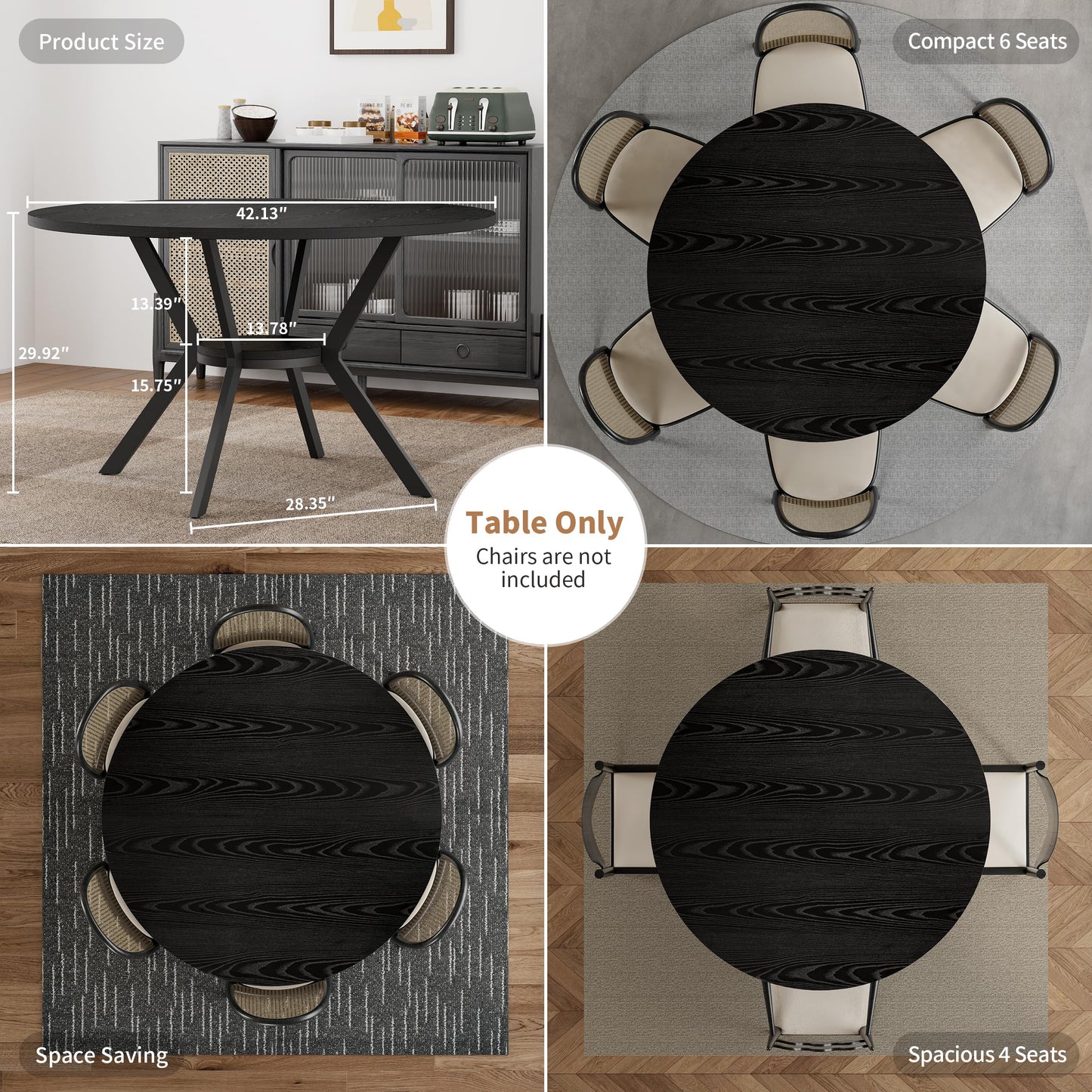 Black Dining Table for 2-4, 42 Inch Round Kitchen Table with Storage, Wooden Circle Dinner Table with Metal Legs, Rustic Mid Century Modern Dining Room Tables for Kitchen, Living Room, Dining Room
