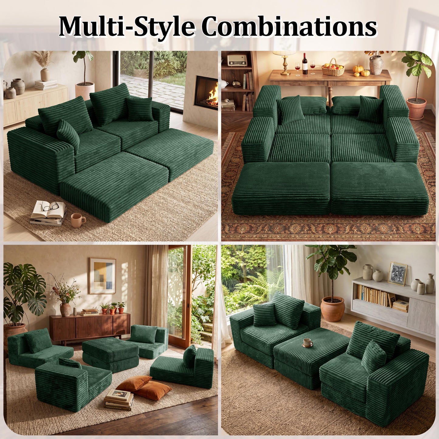 75'' L-Shaped Cloud Modular Sectional Couch with Chaise, Modern Corduroy Memory Foam Sofa Bed, Upholstered Boneless Deep Seat Fluffy Sleeper Sofa, for Living Room, No Assembly Needed (Green)