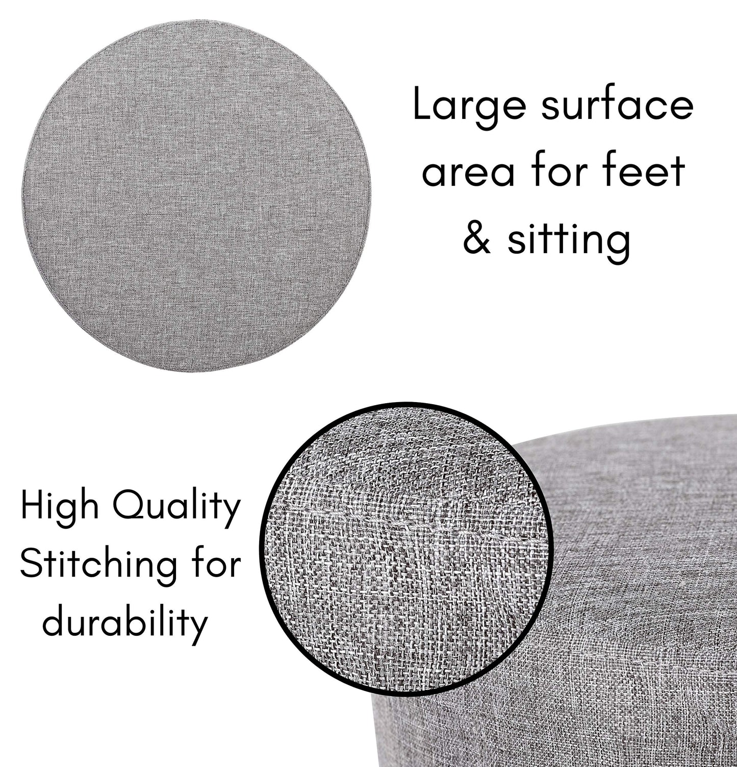 BIRDROCK HOME Grey Linen Foot Stool Ottoman – Soft Compact Round Padded Seat – Living Room and Bedroom – Black Wood Legs Upholstered Decorative Furniture Rest – Vanity Seat