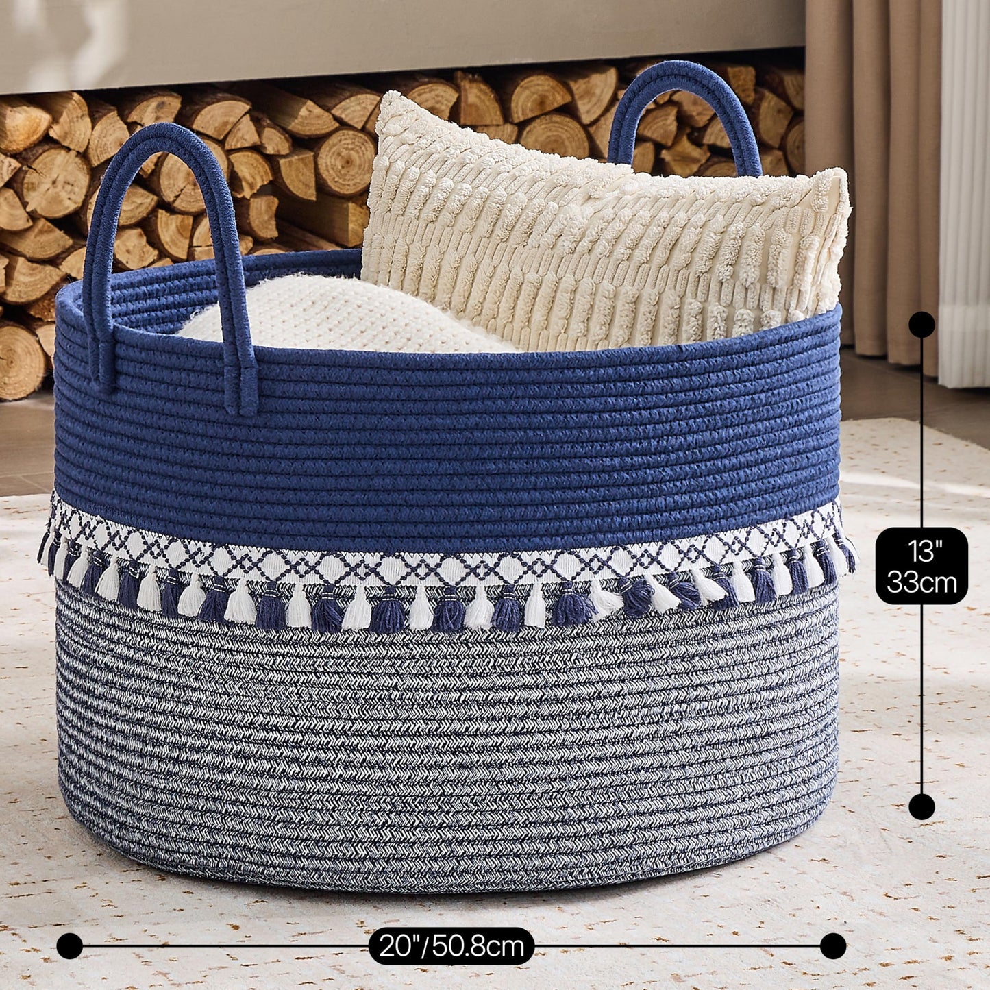 KAKAMAY Cotton Rope Storage Basket (20"x13"),Woven Hamper for Blankets,Toys,Pillows,Clothes,Laundry,Sturdy Handles Decorative Basket for Living Room, Bedroom,Nursery(Blue/White)