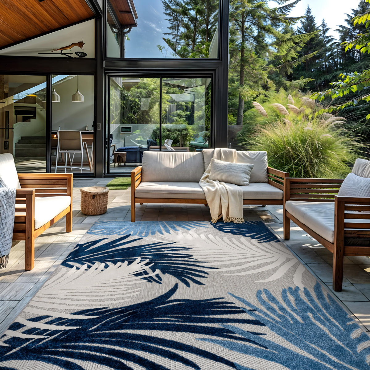 Rugshop Navy Lucca Contemporary Floral Indoor/Outdoor Area Rug Durable Polypropylene, Weather Resistant, Easy to Clean for Backyard, Deck and Outdoor Lounge 12' x 15'