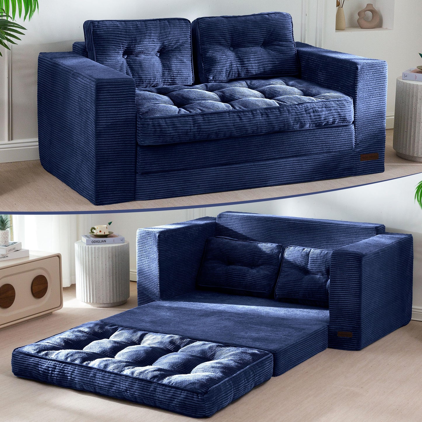 MAXYOYO Convertible Sofa Bed, Pull Out Loveseat Sofa Couch, 2 in 1 Folding Couch Bed, Fold Out Floor Couch with Pillows for Living Room Lounge, Navy