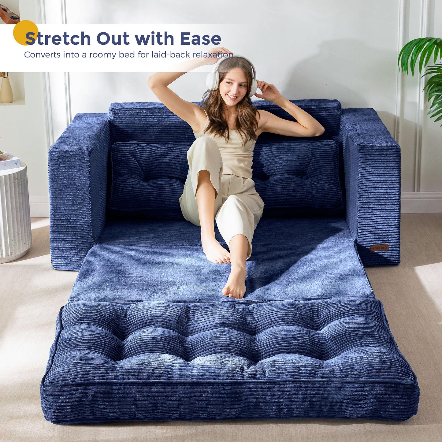 MAXYOYO Convertible Sofa Bed, Pull Out Loveseat Sofa Couch, 2 in 1 Folding Couch Bed, Fold Out Floor Couch with Pillows for Living Room Lounge, Navy