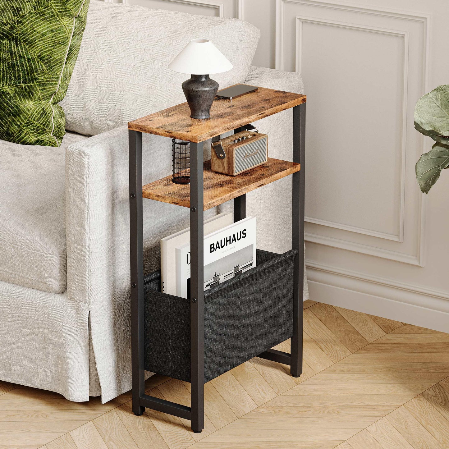 IRCPEN Narrow Side Table, Slim End Table with Magazine Rack, Skinny Bedside Table for Small Spaces, 3 Tier Sofa Couch Table Nightstand for Living Room, Bedroom, Rustic Brown LET503R