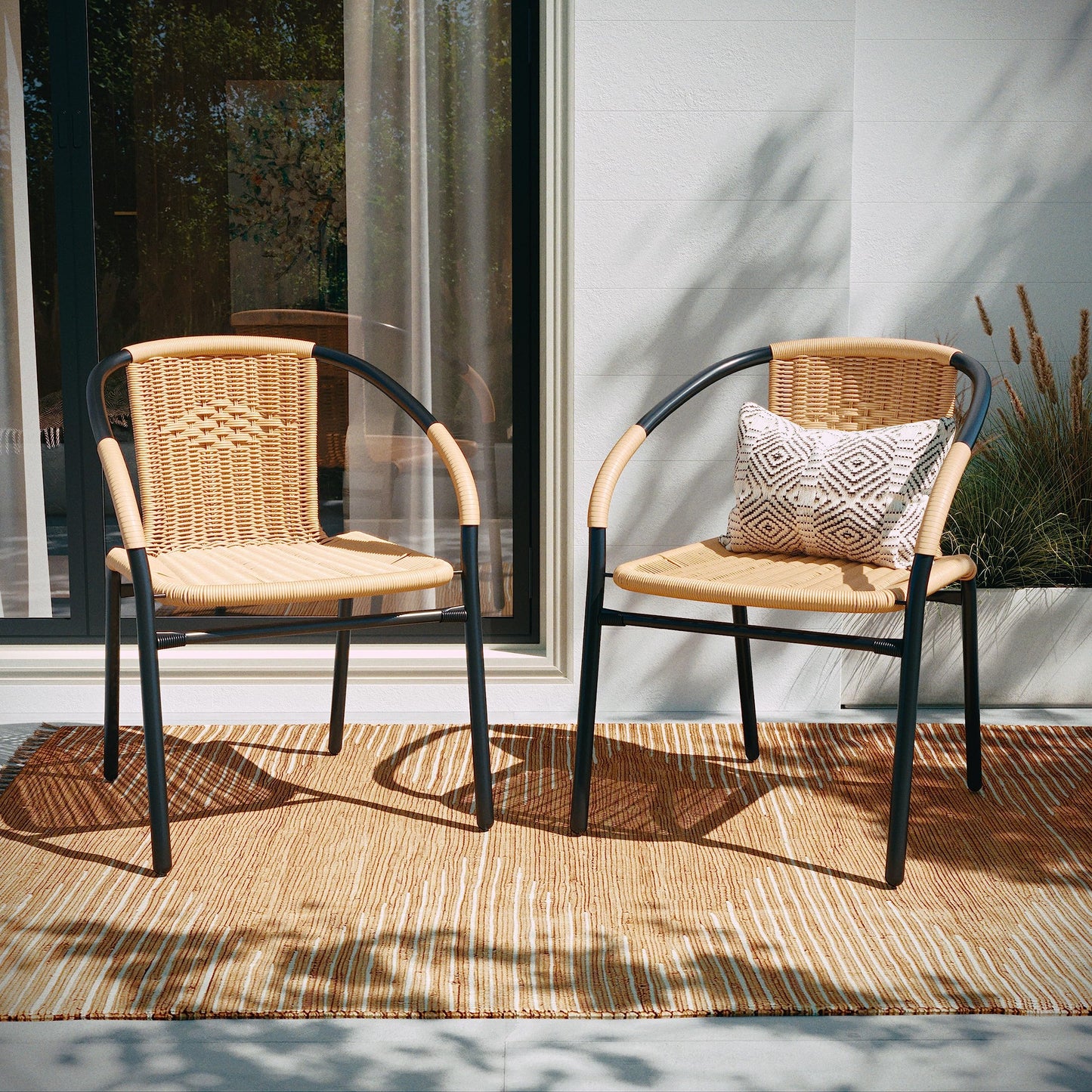 Flash Furniture Lila 4 Pack Beige Rattan Indoor-Outdoor Restaurant Stack Chair | Versatile and Stylish Seating