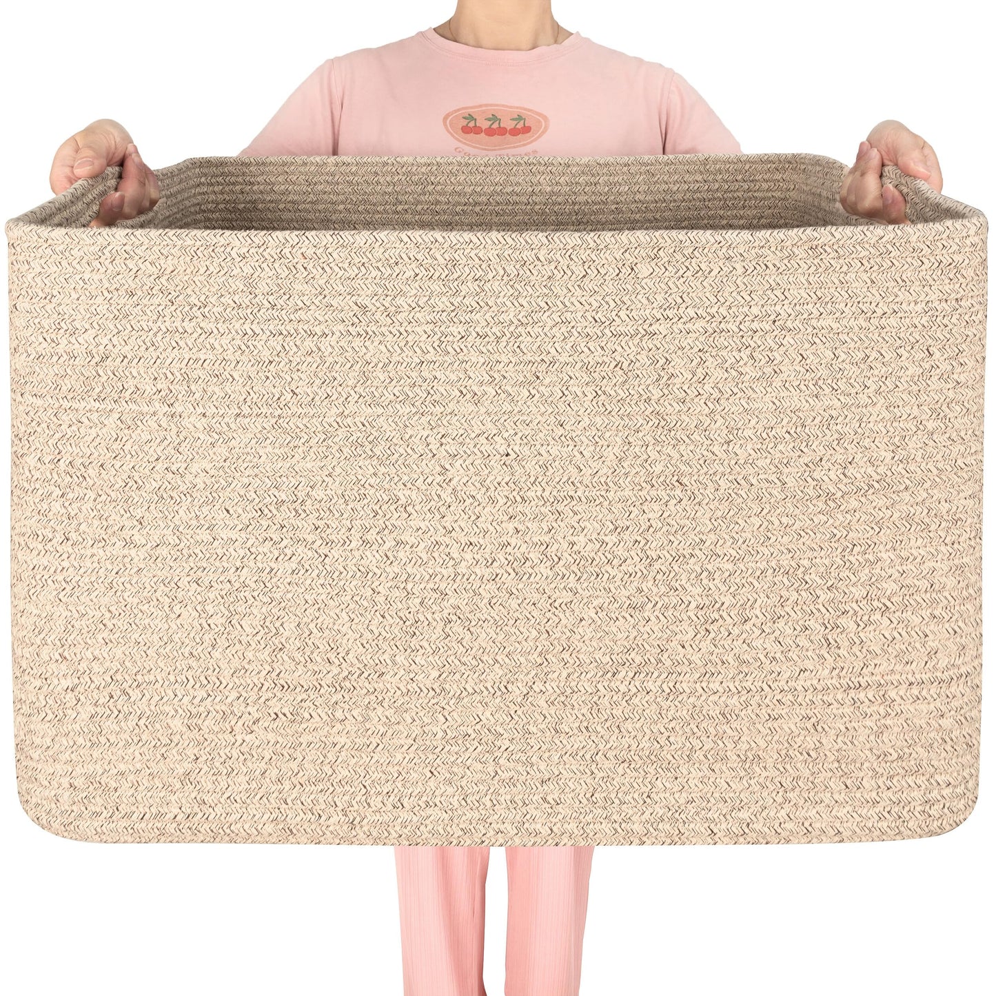 MINTWOOD Design 112L Extra Large Blanket Basket Holder Living Room, 25"x17"x16" Rectangle Rope Woven Storage Basket with Handles for Laundry, Towels, Shoes, Dog Toy Organizer Bin Box, Oatmeal Brown