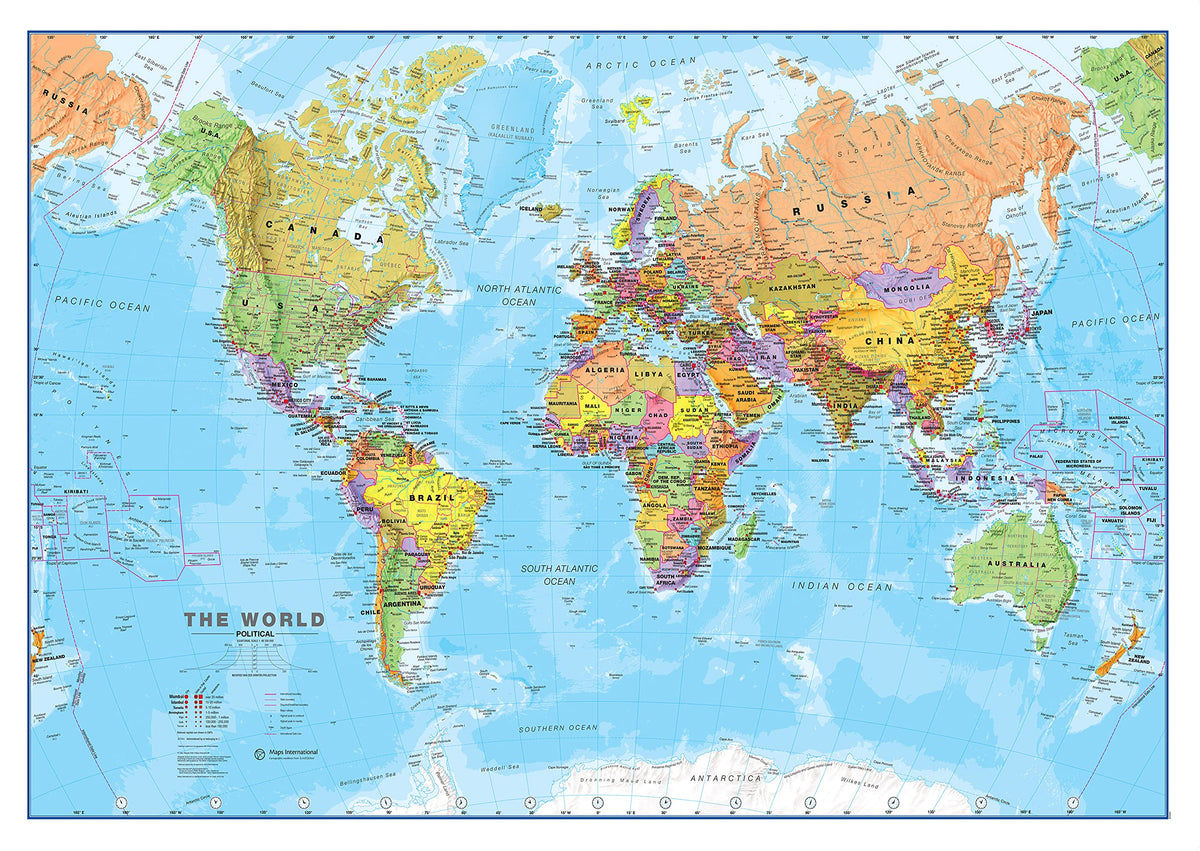 Maps International World Wall Map - Map of The World Poster - 23 x 33 - Front Lamination - Updated 2025