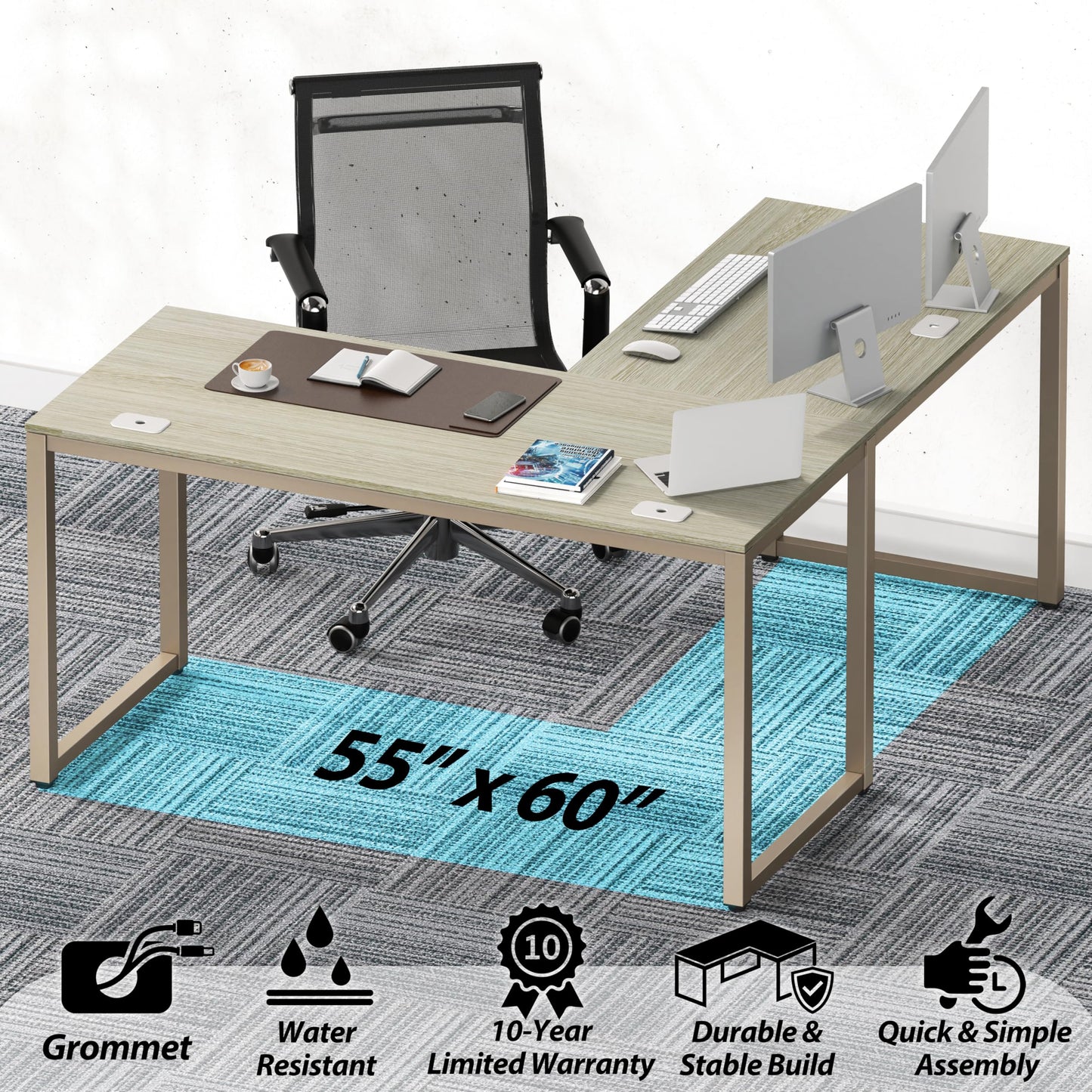 SHW 55 x 60 Inches Commercial-Grade L-Shape Corner Office Computer Desk, Maple