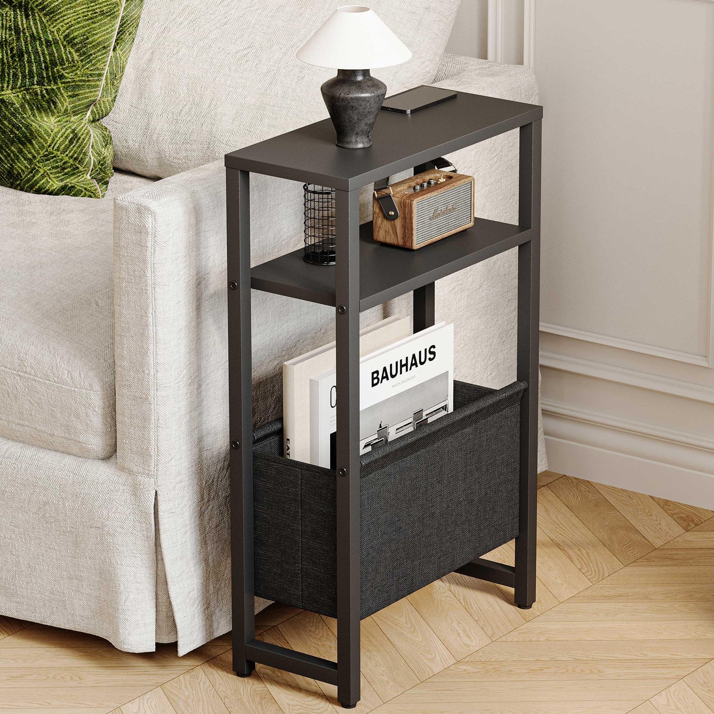 IRCPEN Narrow Side Table, Slim End Table with Magazine Rack, Skinny Bedside Table for Small Spaces, 3 Tier Sofa Couch Table Nightstand for Living Room, Bedroom, Black LET503B