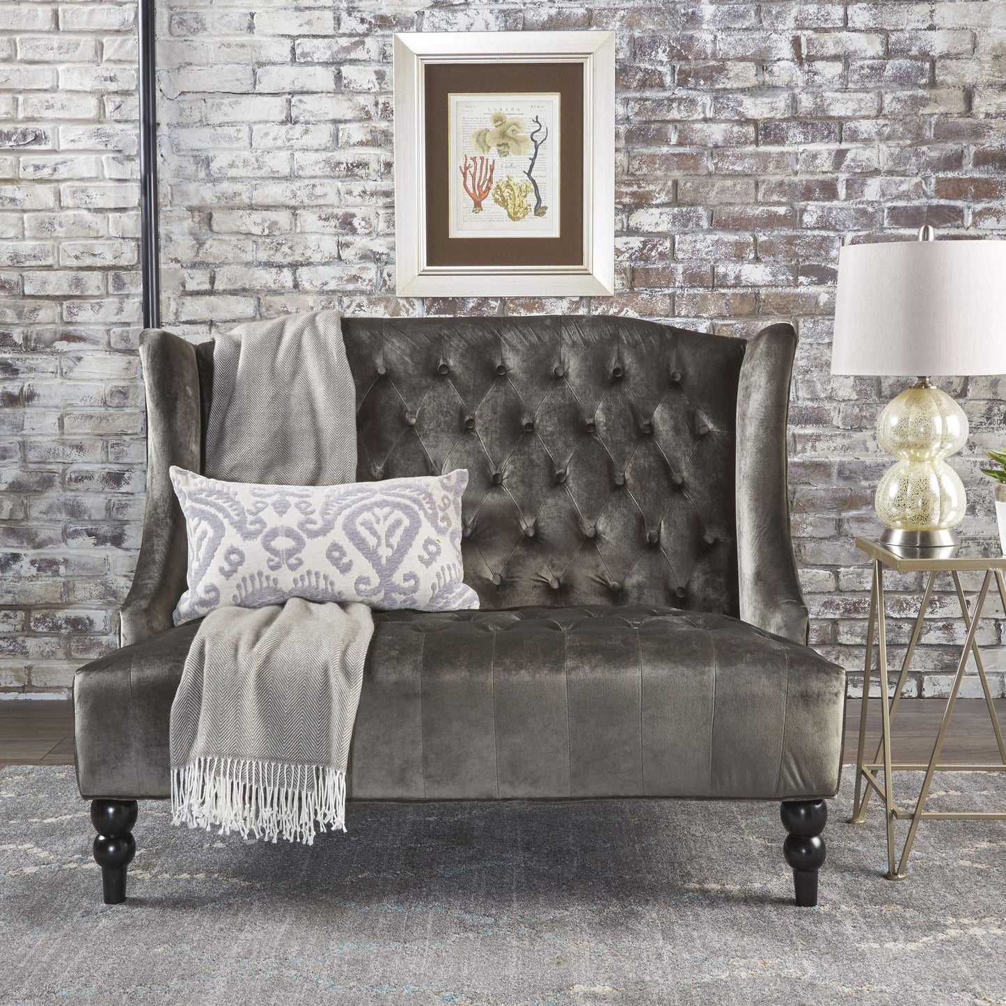 Christopher Knight Home GDFStudio Leona Modern Glam Tufted Velvet Wingback Loveseat, Gray and Dark Brown