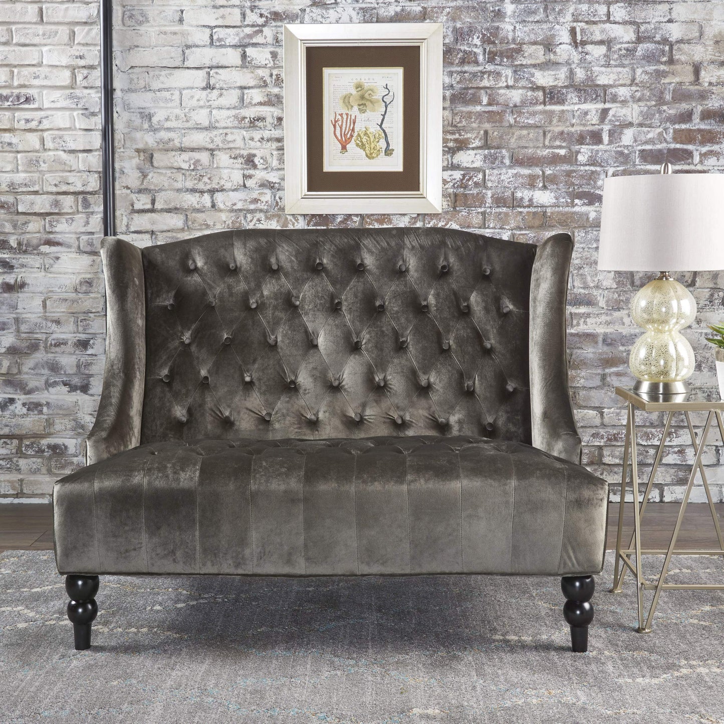 Christopher Knight Home GDFStudio Leona Modern Glam Tufted Velvet Wingback Loveseat, Gray and Dark Brown