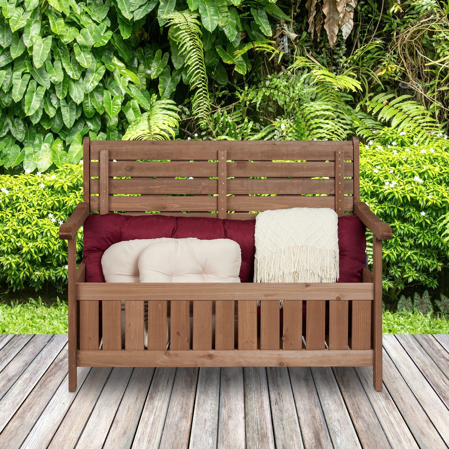 Relaxdays Garden Bench, Outdoor Bench with Storage Space, 2-Seater, HBT 85 x 115 x 60 cm, Seat Chest with Backrest, Dark Brown