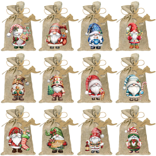 24Pcs Christmas Small Burlap Gift Bags with Drawstring, Xmas Gnome Treat Candy Bag with Tags Holiday Goody Gift Bags Reusable Linen Gift Wrapping Bags for Christmas Party Favors (12 Designs, 7 x 5 Inch)