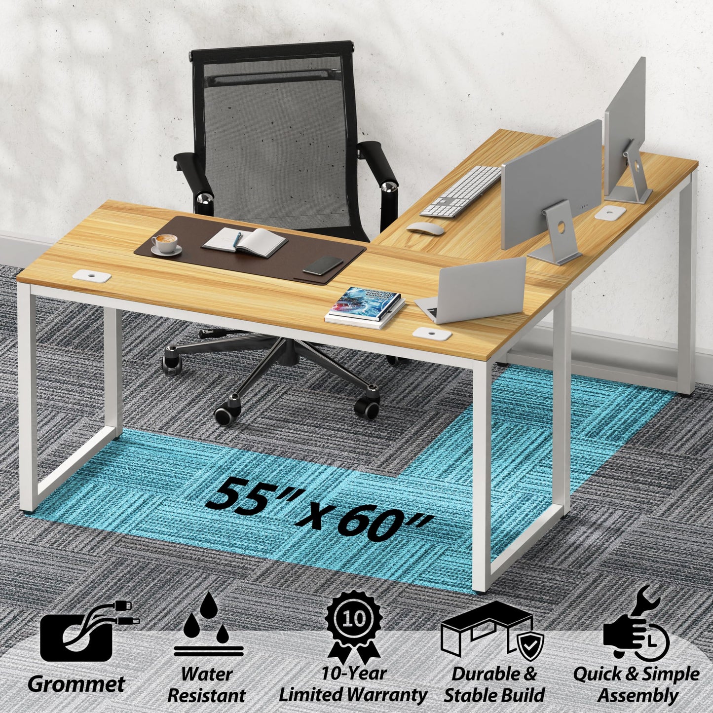 SHW 55 x 60 Inches Commercial-Grade L-Shape Corner Office Computer Desk, Oak