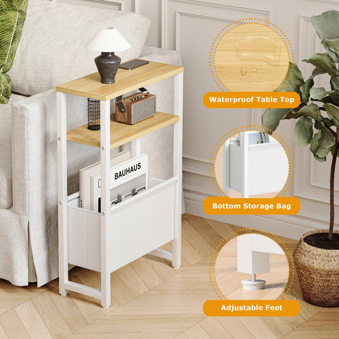 IRCPEN Narrow Side Table, Slim End Table with Magazine Rack, Skinny Bedside Table for Small Spaces, 3 Tier Sofa Couch Table Nightstand for Living Room, Bedroom, Natural LET503Y