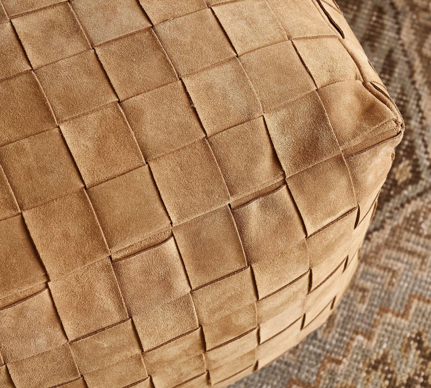 Luxury Handcrafted Suede Basketweave Pouf Ottoman – Soft & Durable Floor Cushion, Footrest, and Accent Seating for Living Room, Bedroom, & Office – Stylish Modern Home Décor (Camel, 18" x 18" x 14")