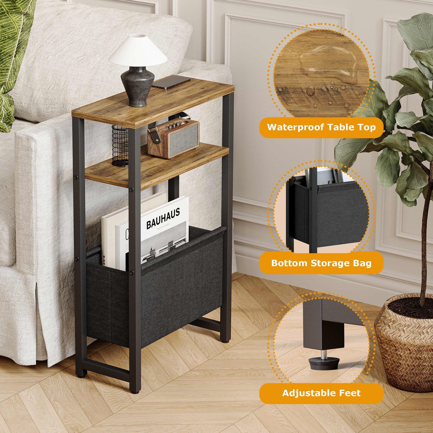 IRCPEN Narrow Side Table, Slim End Table with Magazine Rack, Skinny Bedside Table for Small Spaces, 3 Tier Sofa Couch Table Nightstand for Living Room, Bedroom, Walnut Brown LET503BR