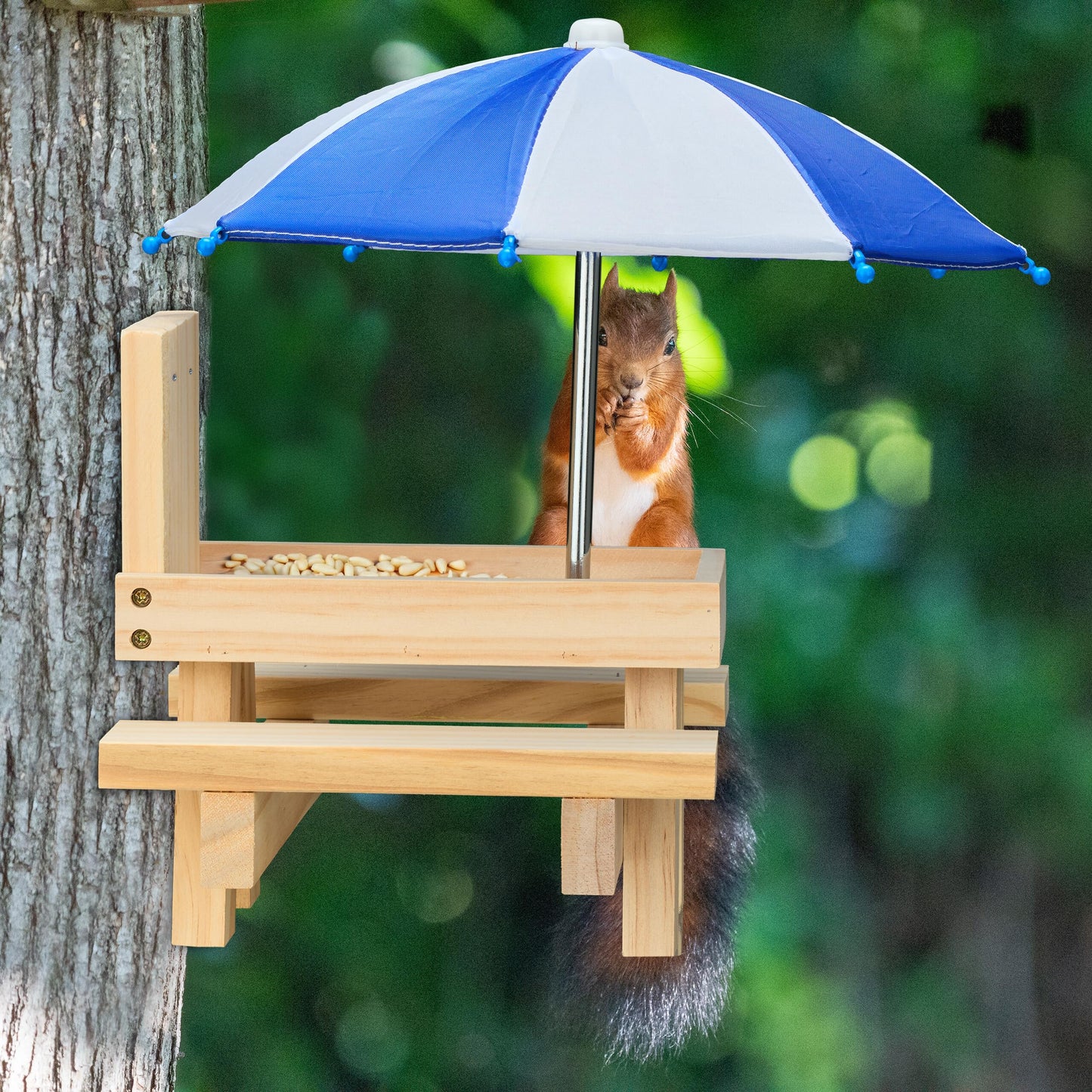 Relaxdays 1 x Wooden Squirrel Bench with 2 Umbrellas, Squirrel Picnic Table Hanging Light Brown