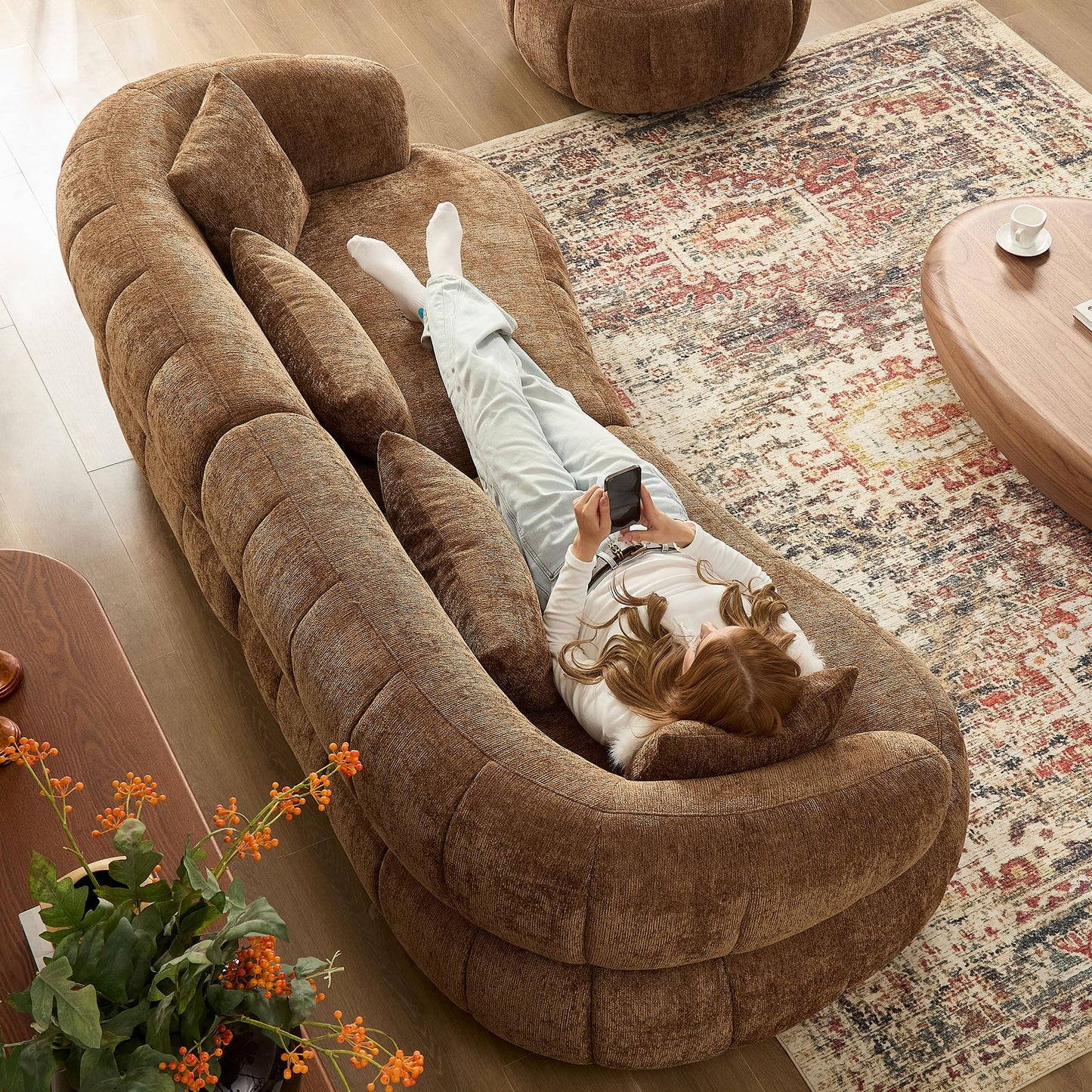 BBTJOINT Loveseat Sofa Set, Channel Tufted Brown Chenille Upholstery, Curved Bubble Design, Modern Living Room Couch