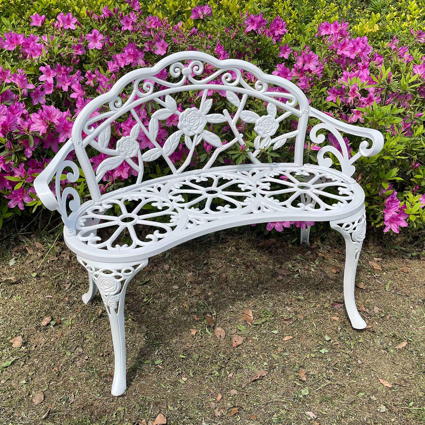 Mandolin Outdoor Benc Park Garden Chair,All Chair Anti Rust Cast Aluminum Patio Yard Bench,Carved Rose Loveseat Bench for Backyard .Porch.Balcony.Lawn (White)